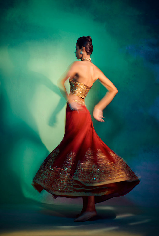 Elle || Garnet red lehenga set with sequined blouse