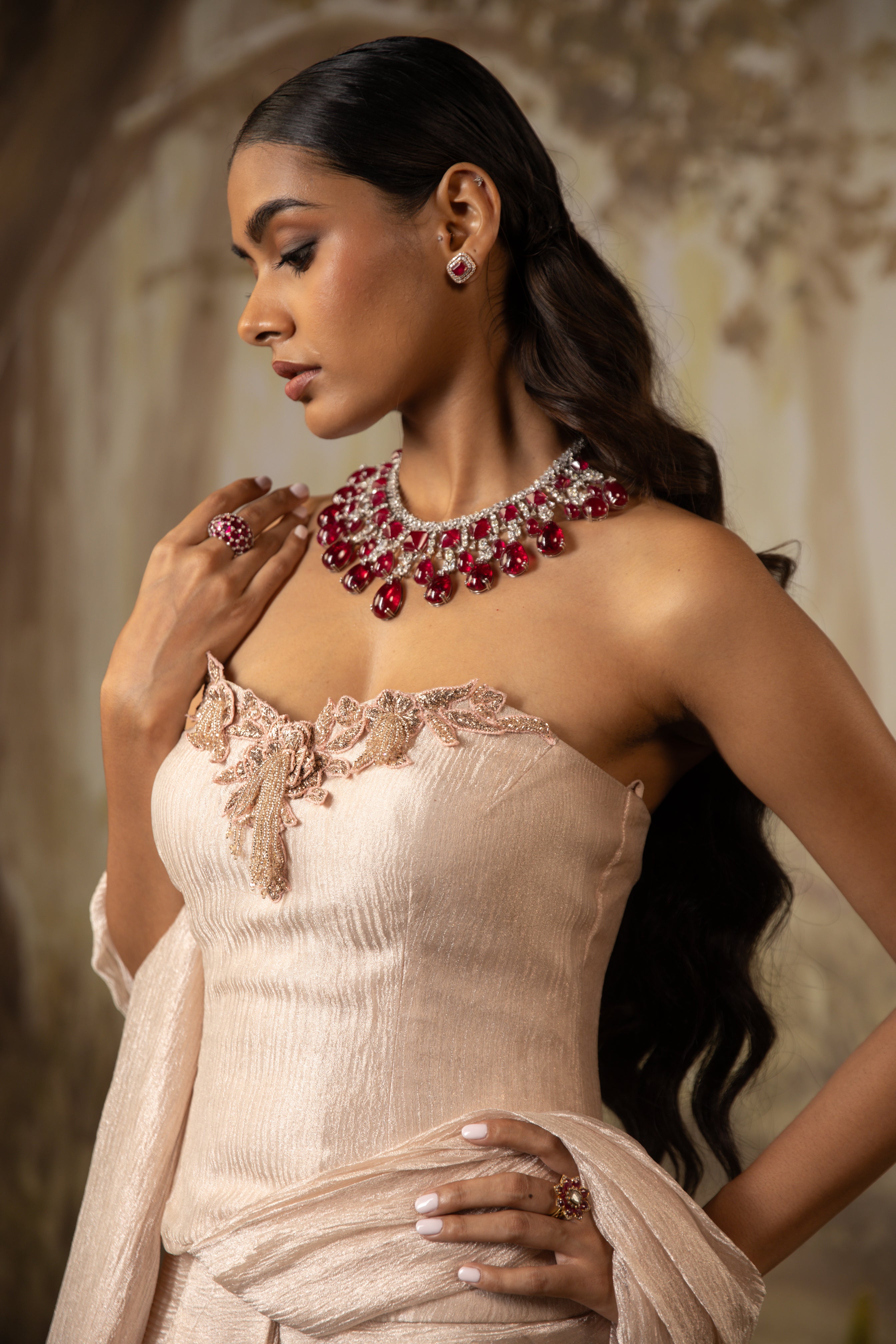 BLUSH BEIGE CORSET DRAPED SAREE SET