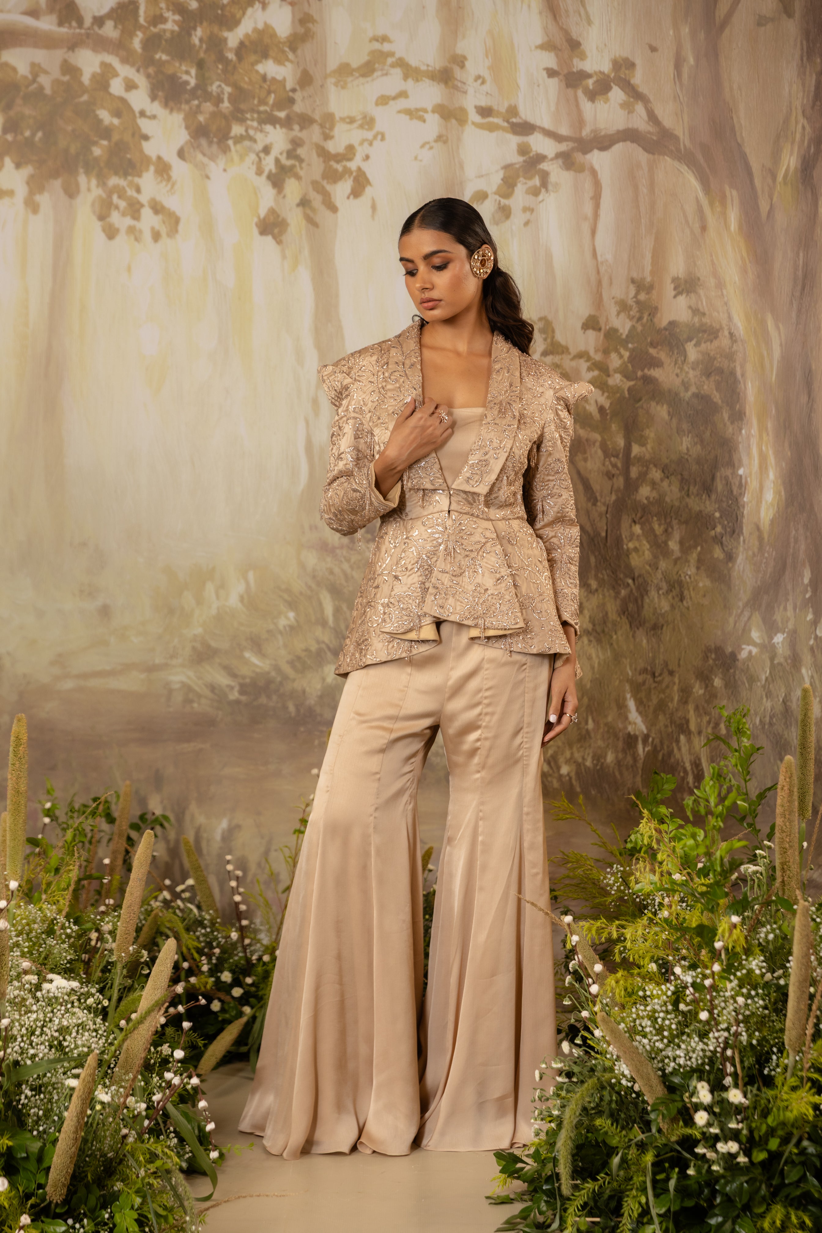 CHAMPAGNE BEIGE PEPLUM TASSELED JACKET SET