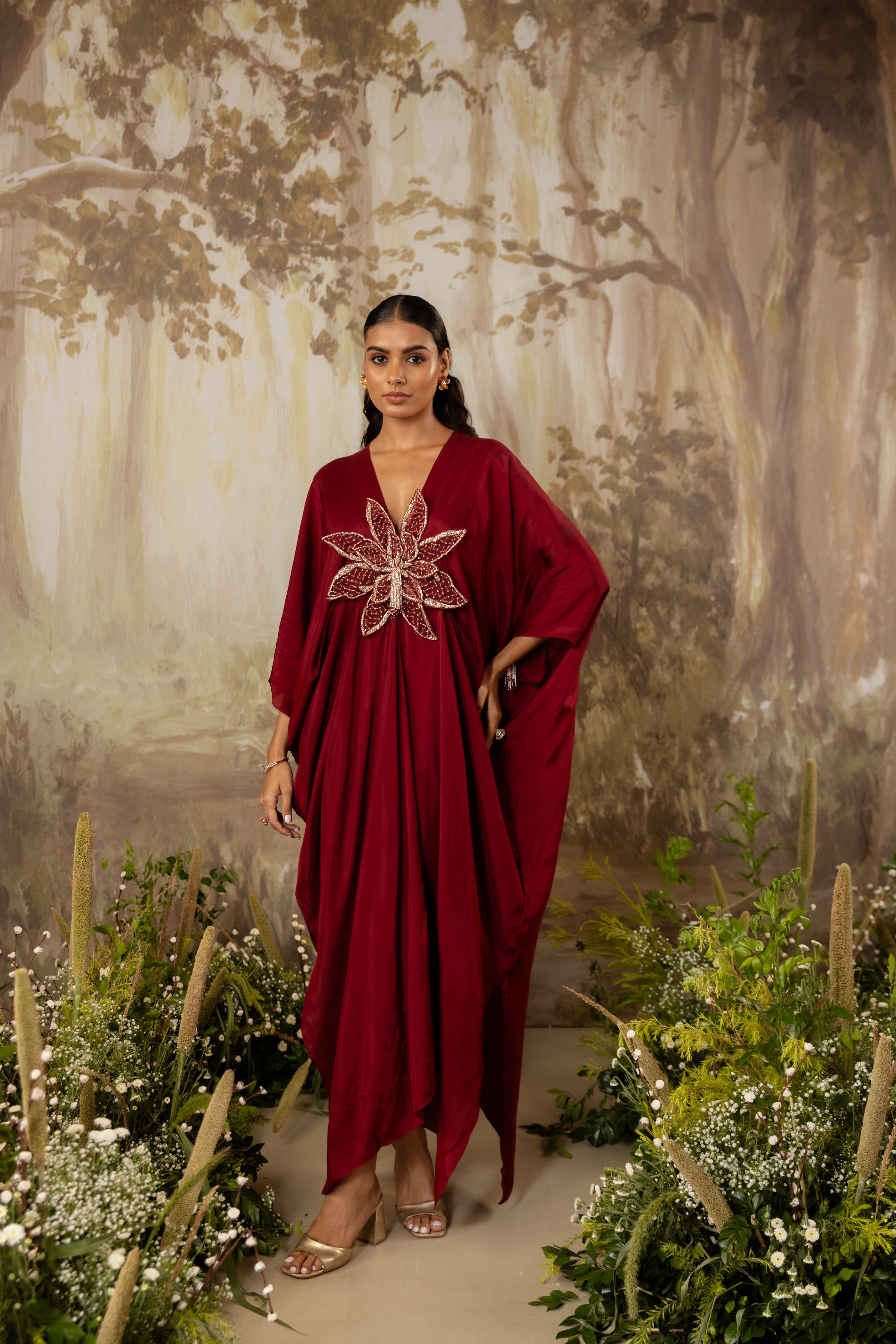 DEEP RED 3D FLORAL KAFTAN