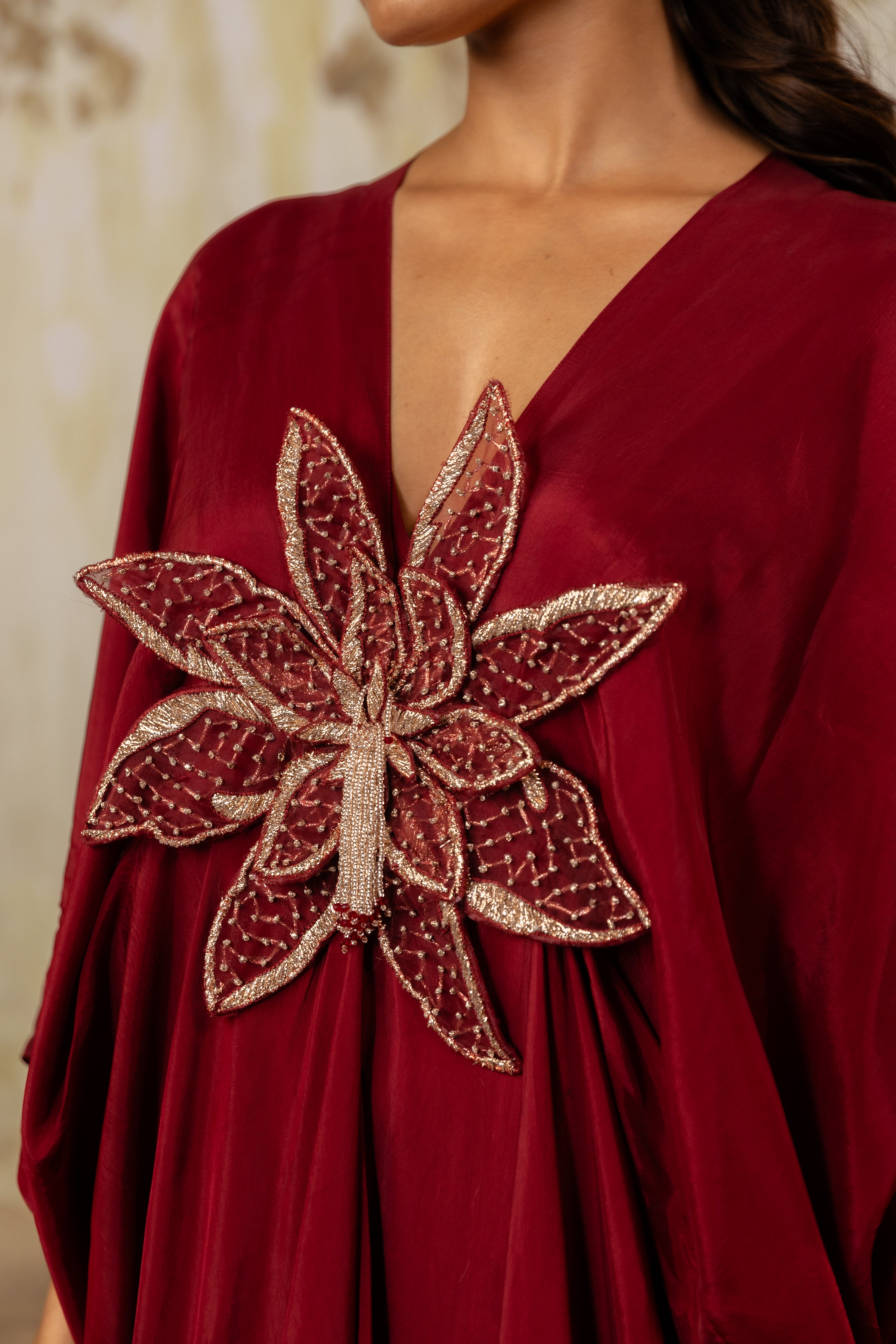 DEEP RED 3D FLORAL KAFTAN
