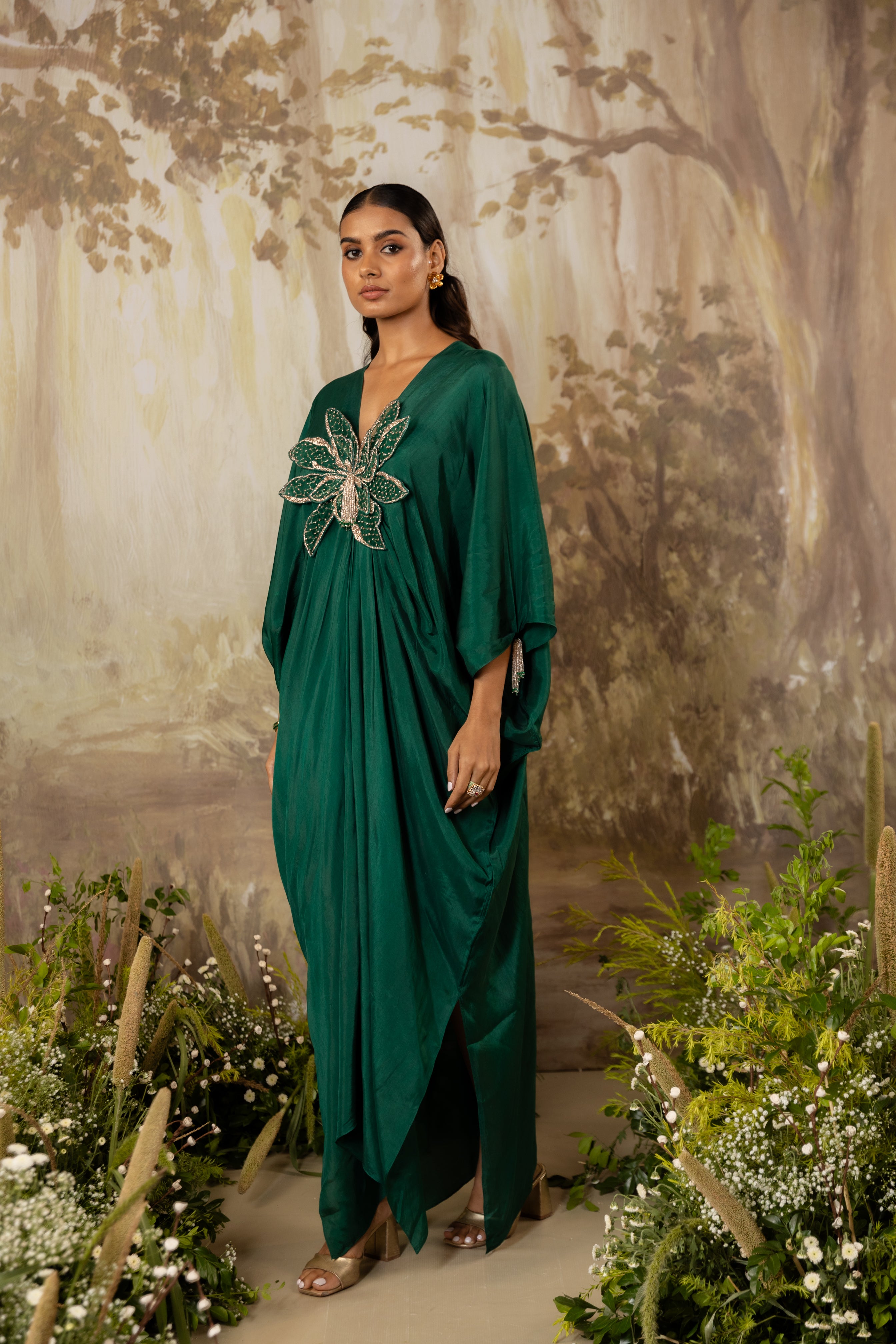 EMERALD GREEN 3D FLORAL KAFTAN