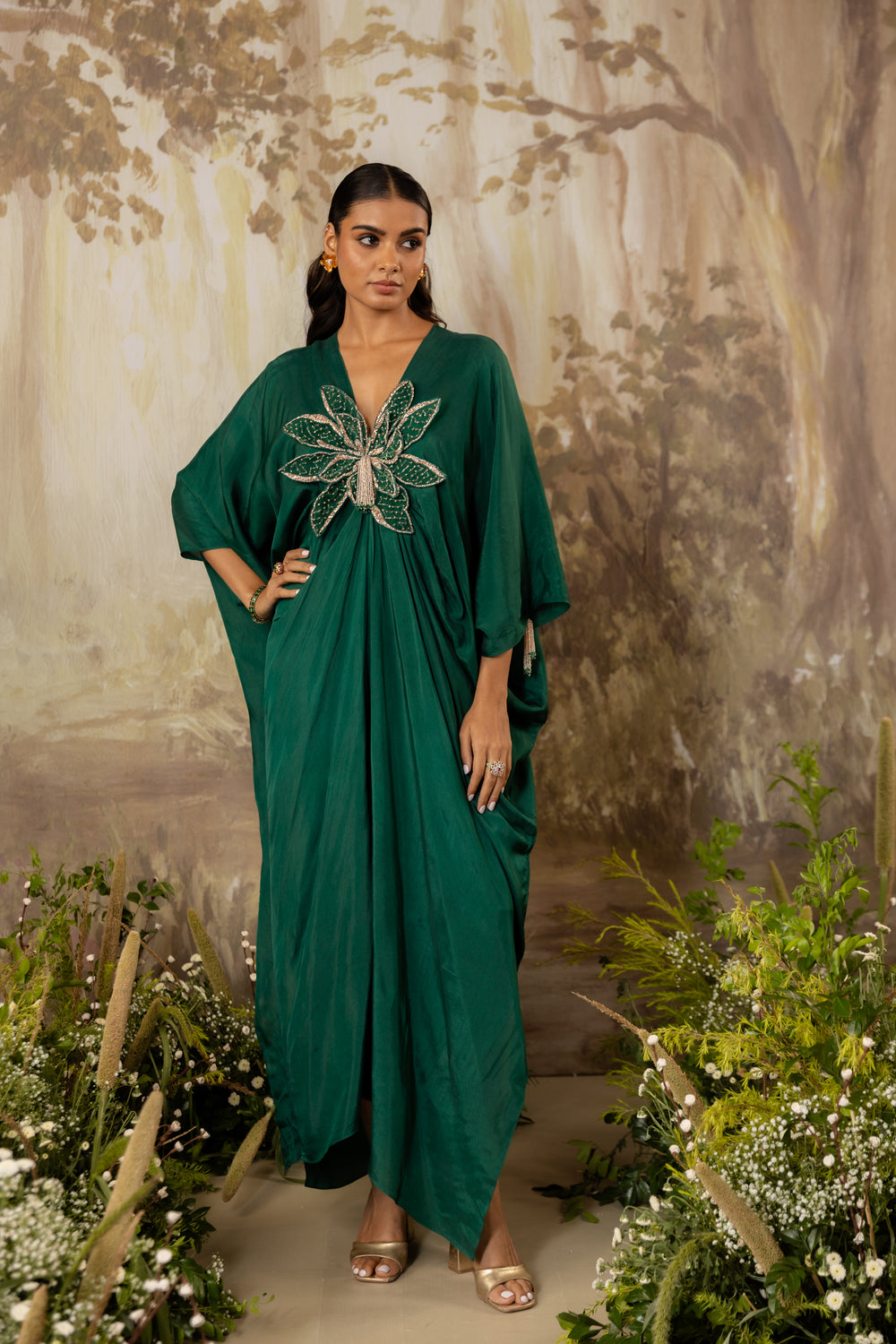 Green Floral Print Kaftan Top