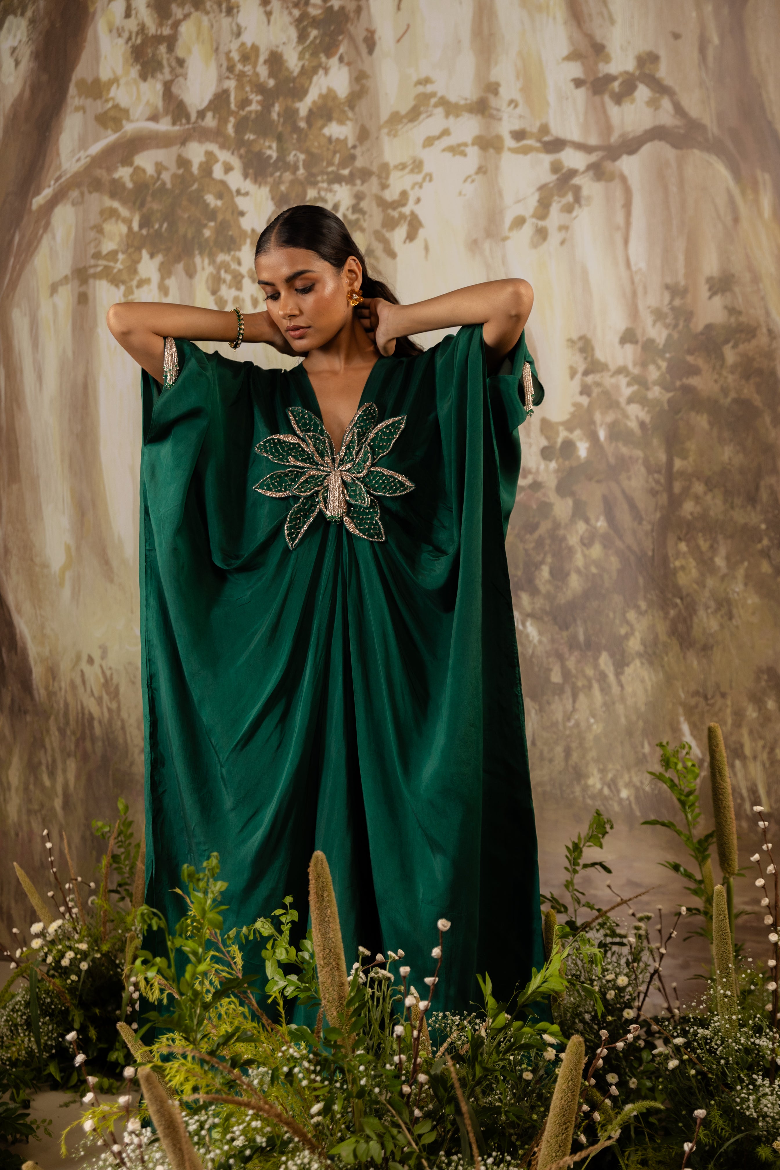 EMERALD GREEN 3D FLORAL KAFTAN