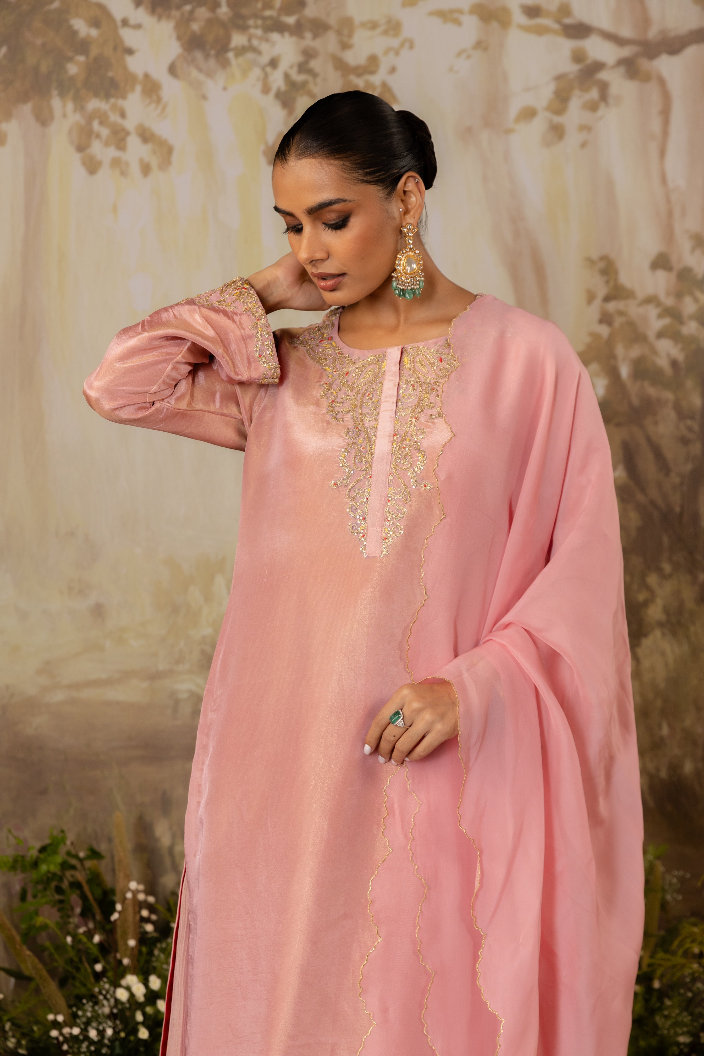 ROSE PINK TISSUE LONG SUIT SET