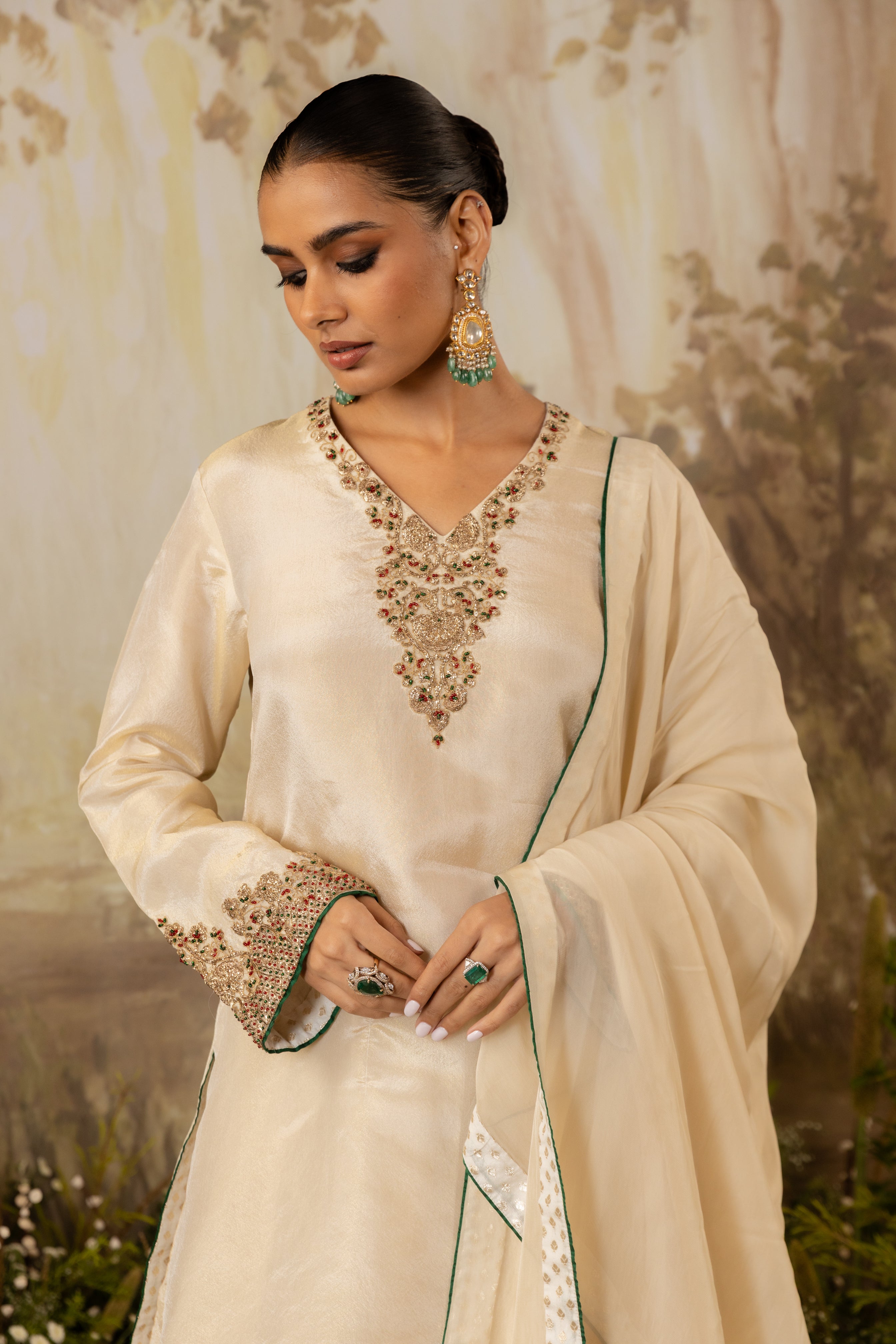 BLUSH CHAMPAGNE TISSUE EMBROIDERED KURTA SET
