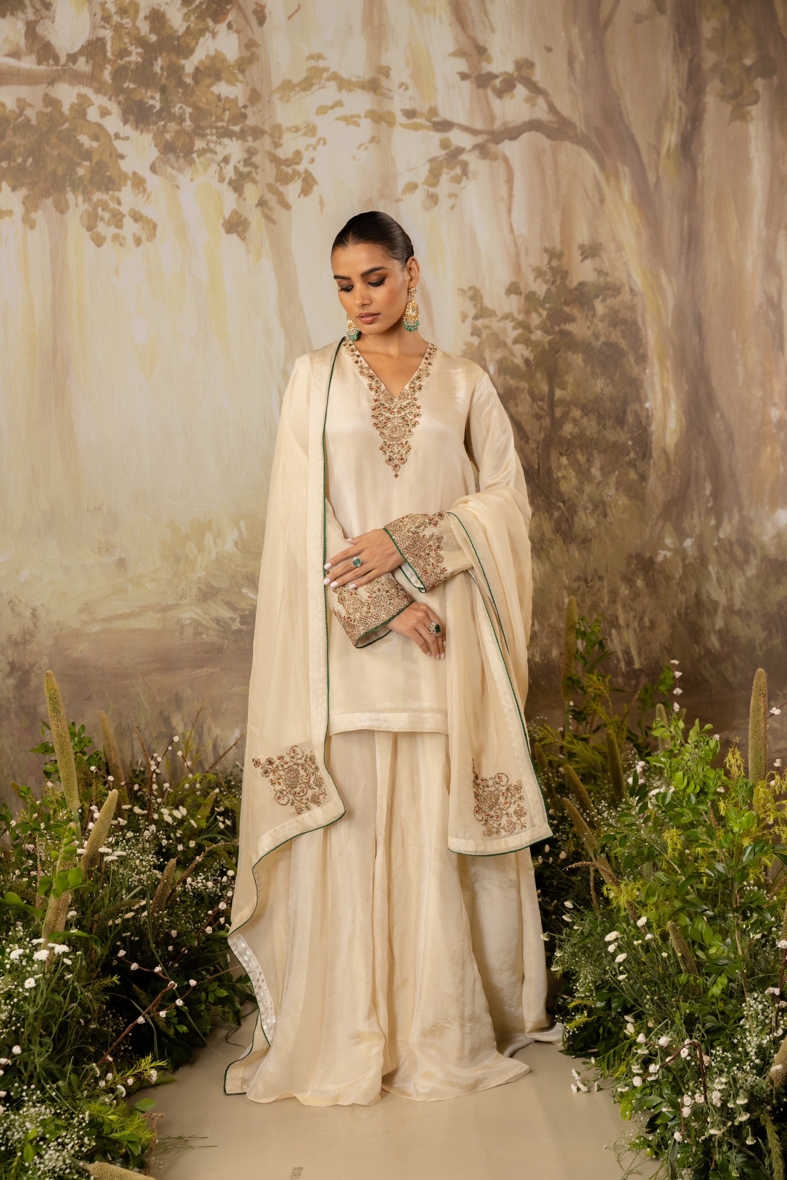 BLUSH CHAMPAGNE TISSUE EMBROIDERED KURTA SET