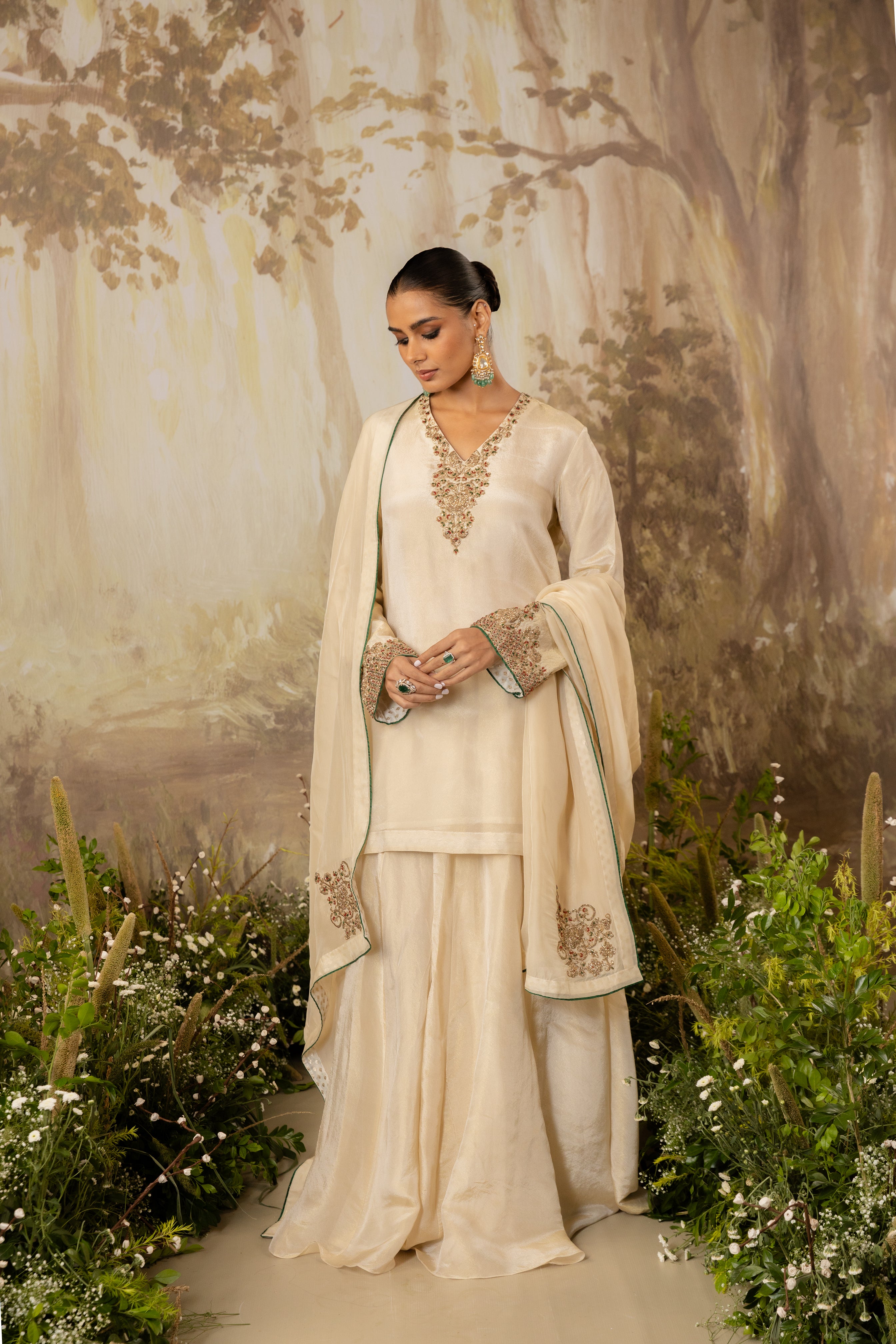 BLUSH CHAMPAGNE TISSUE EMBROIDERED KURTA SET