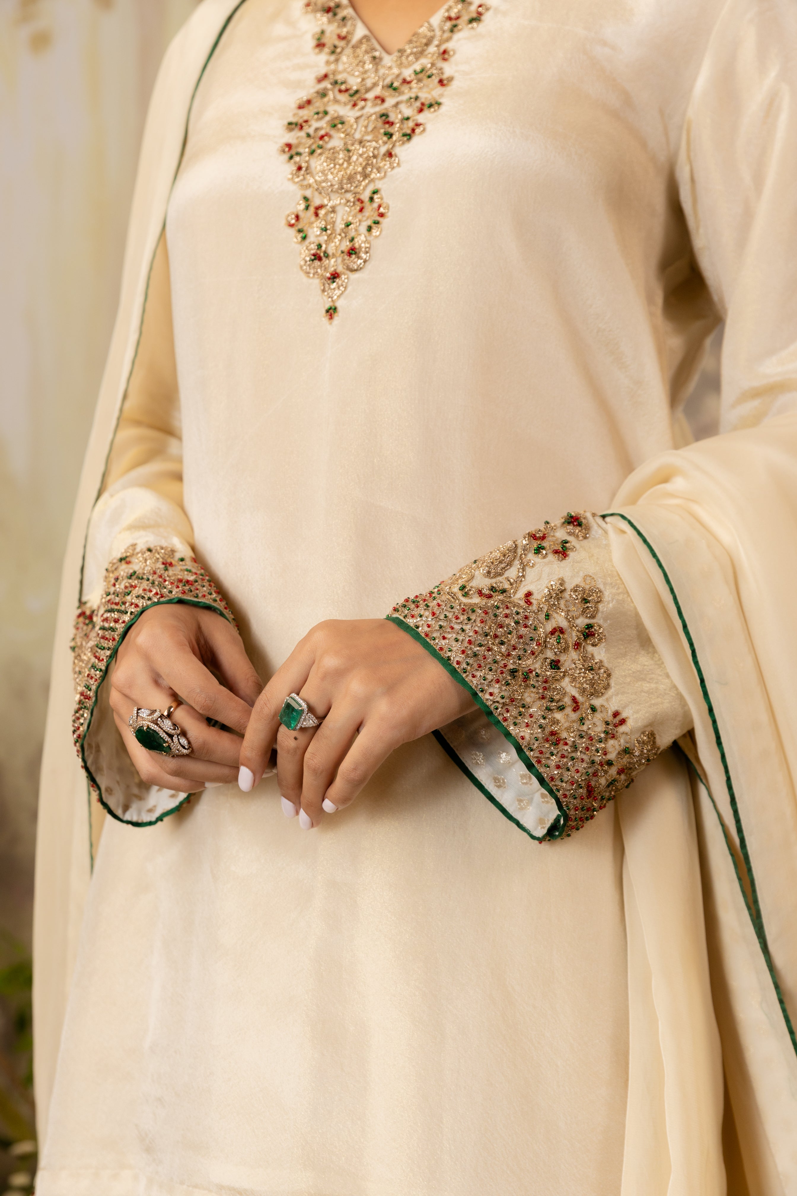 BLUSH CHAMPAGNE TISSUE EMBROIDERED KURTA SET