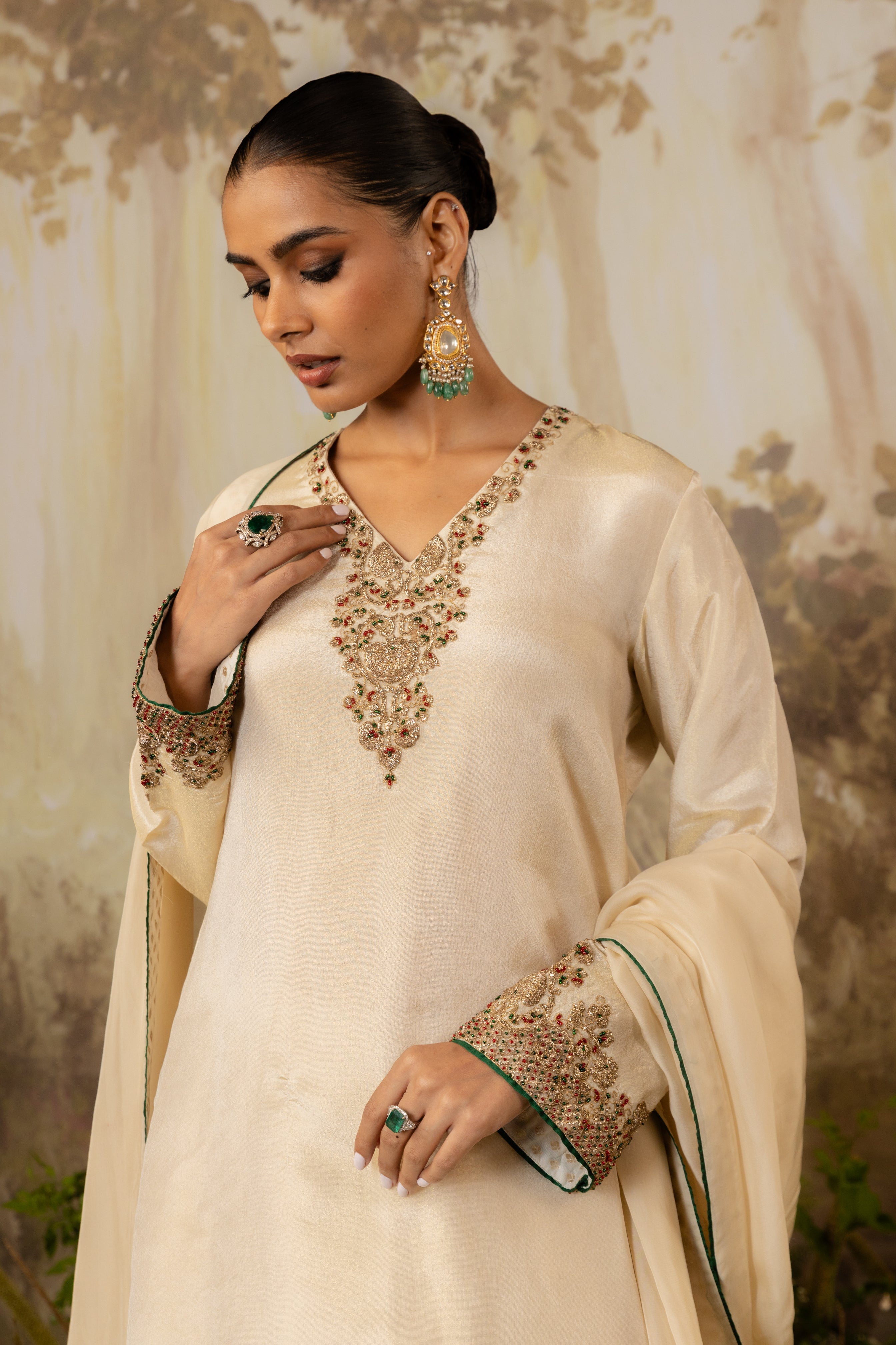 BLUSH CHAMPAGNE TISSUE EMBROIDERED KURTA SET