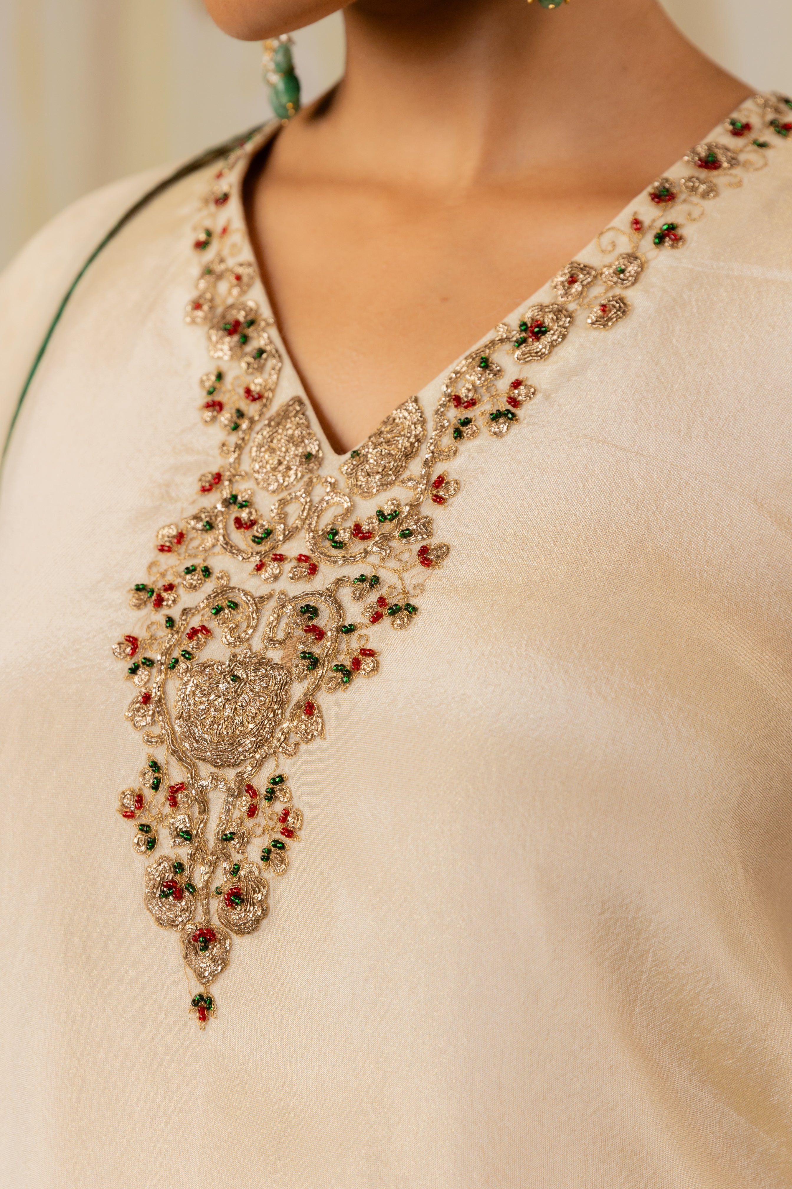 BLUSH CHAMPAGNE TISSUE EMBROIDERED KURTA SET