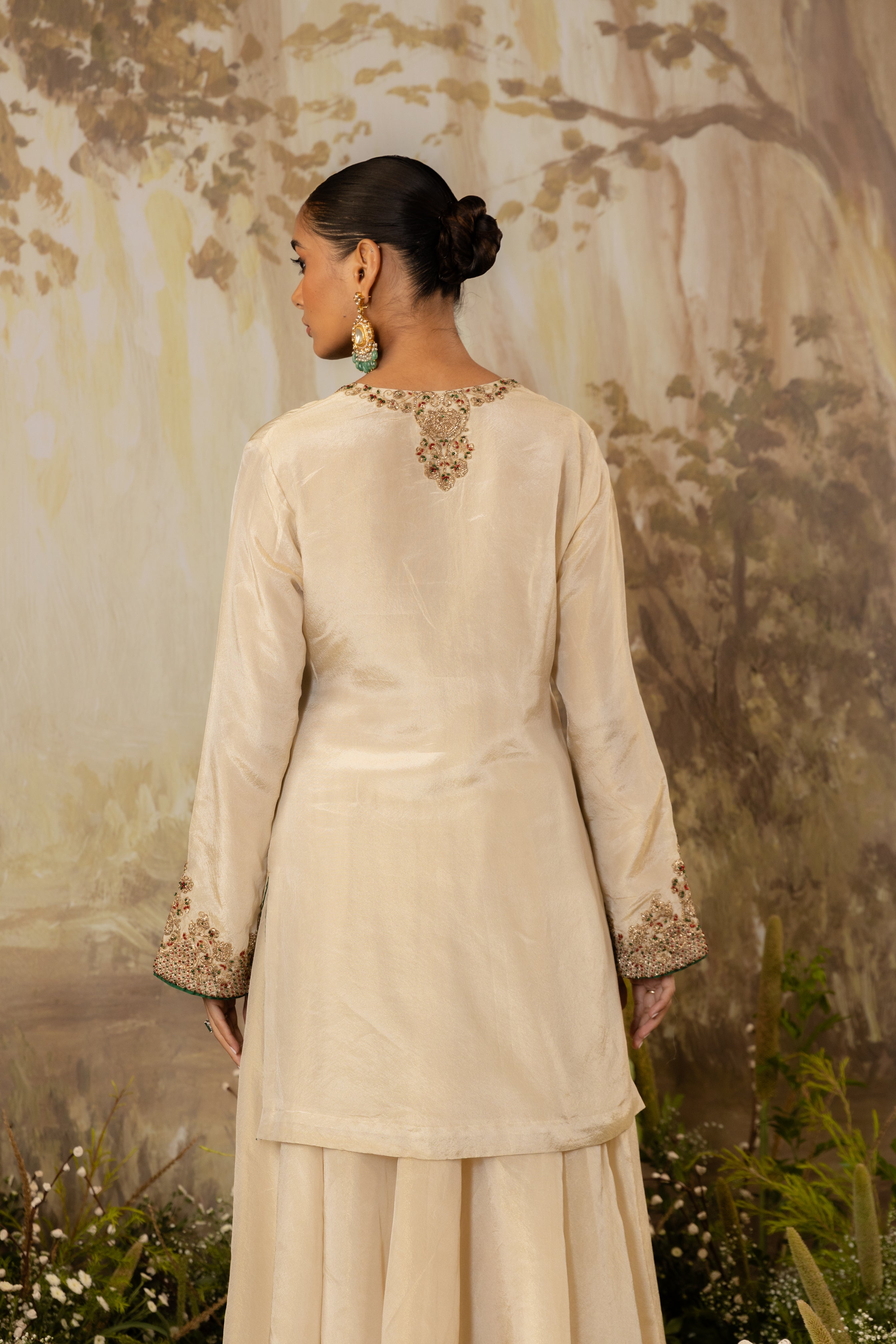 BLUSH CHAMPAGNE TISSUE EMBROIDERED KURTA SET