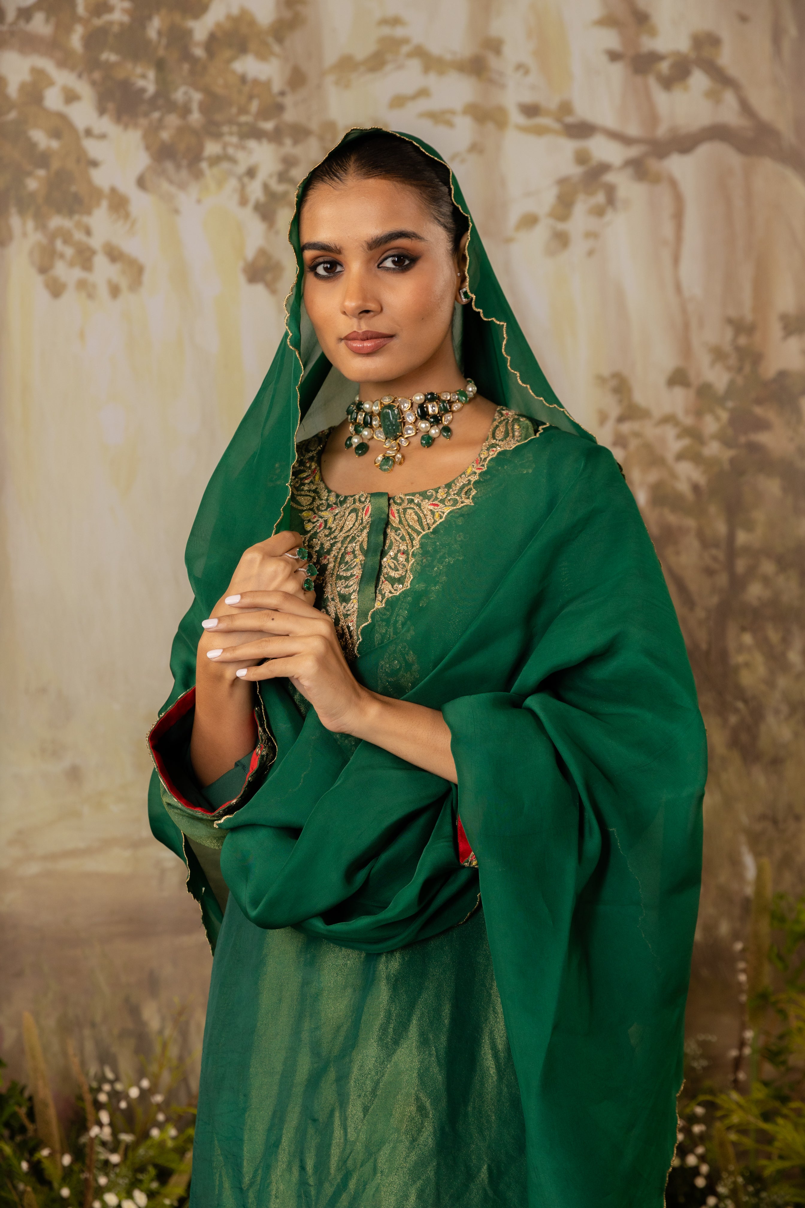 EMERALD GREEN TISSUE EMBROIDERED KURTA SET
