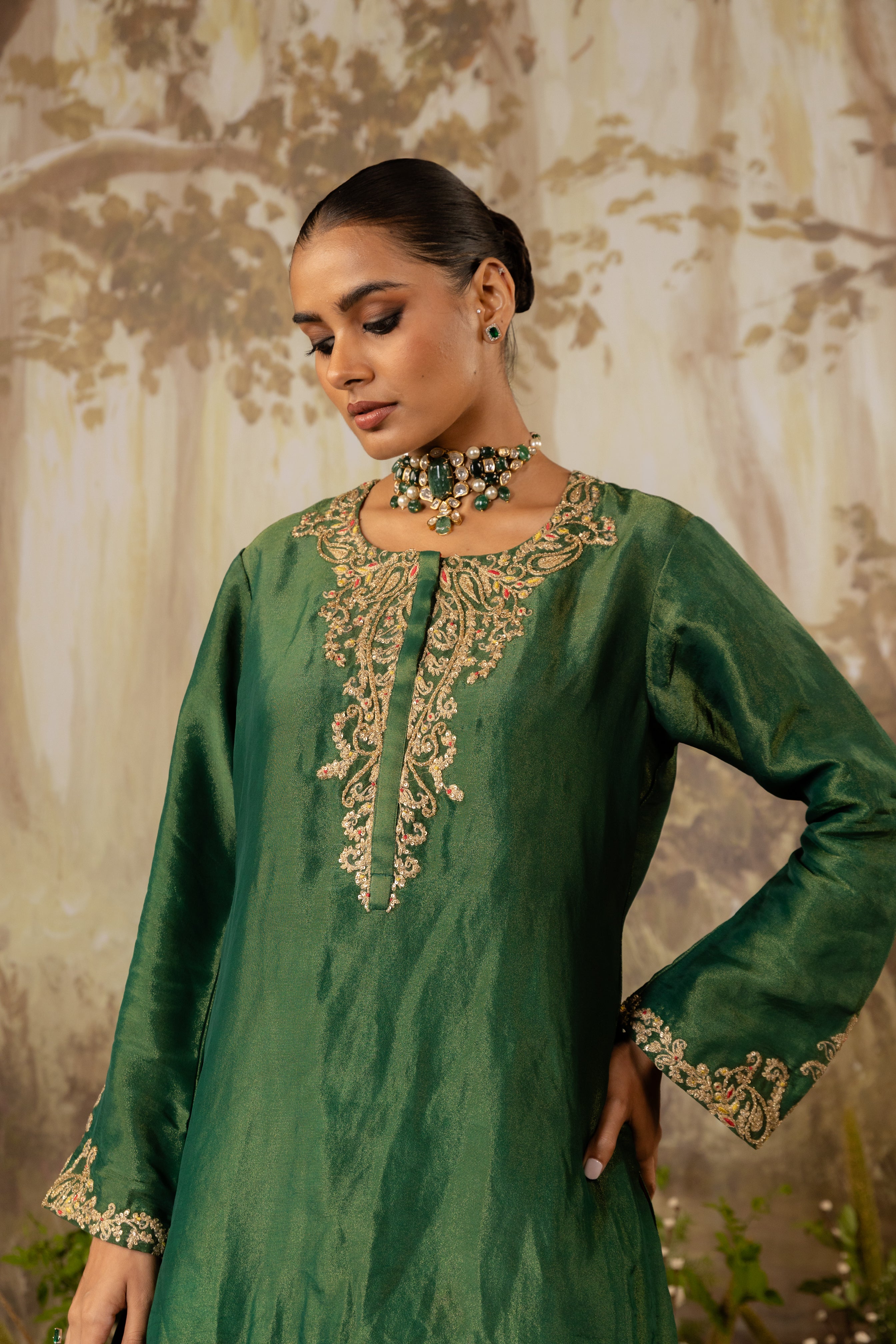 EMERALD GREEN TISSUE EMBROIDERED KURTA SET