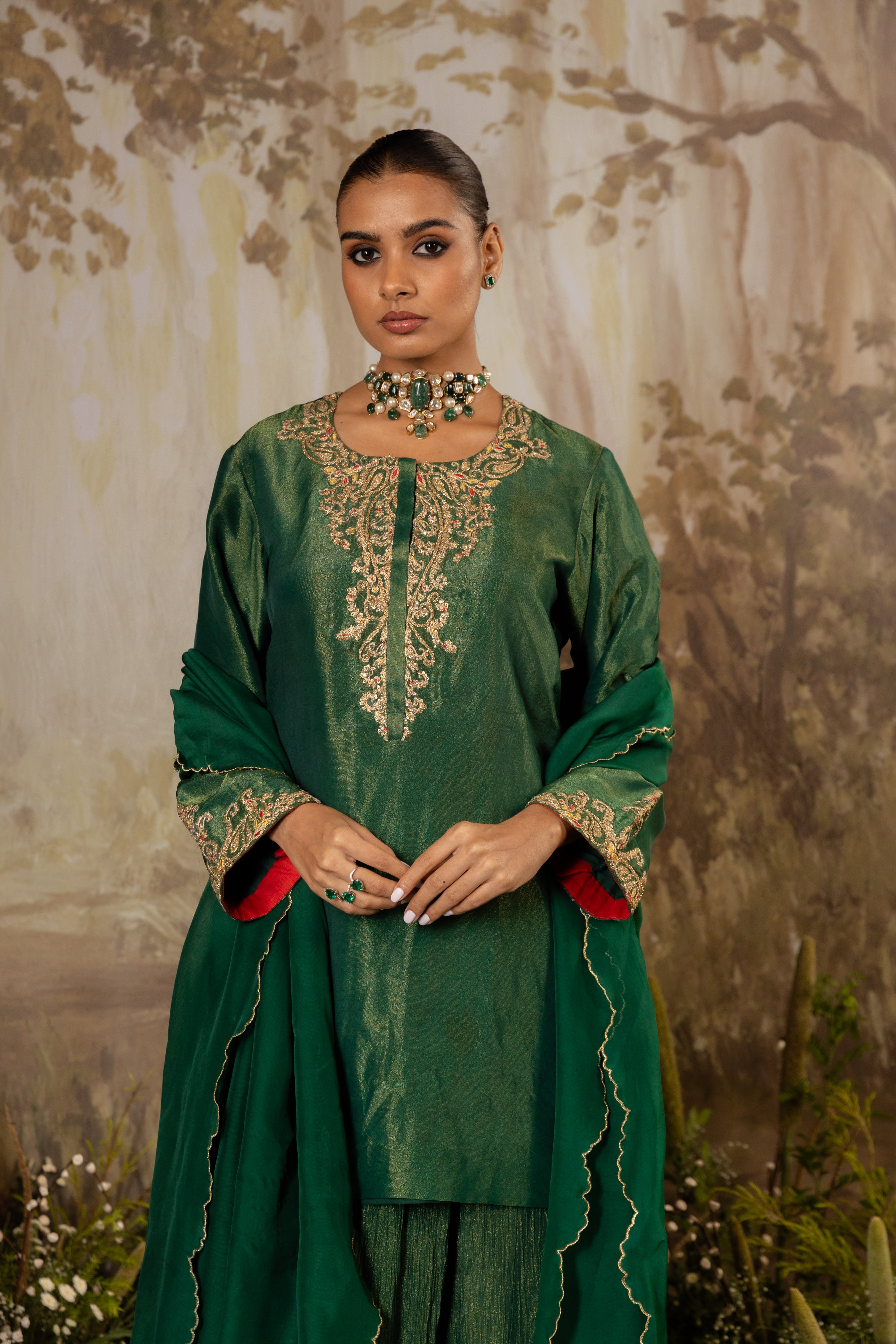 EMERALD GREEN TISSUE EMBROIDERED KURTA SET