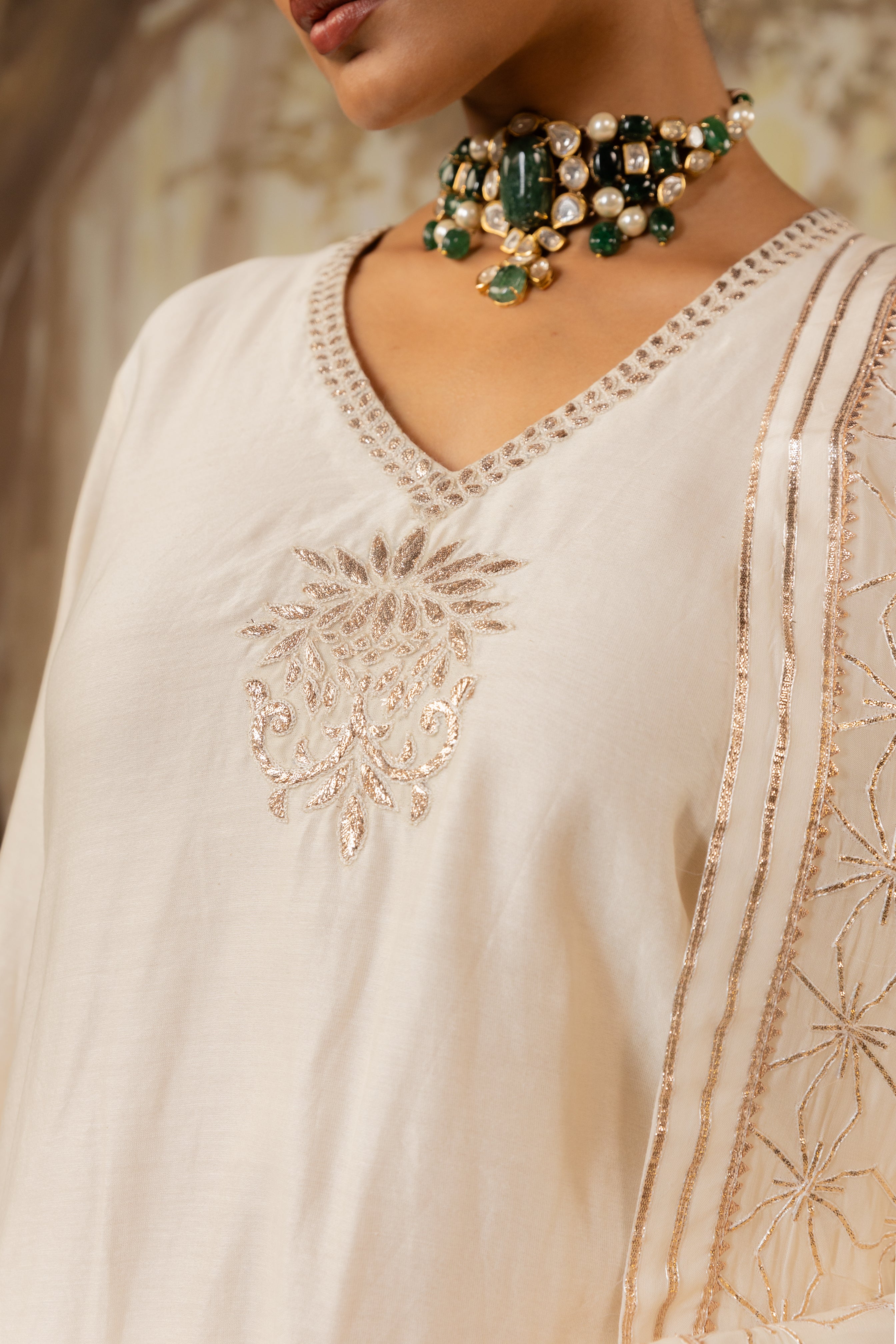 IVORY CHANDERI EMBROIDERED KURTA SET