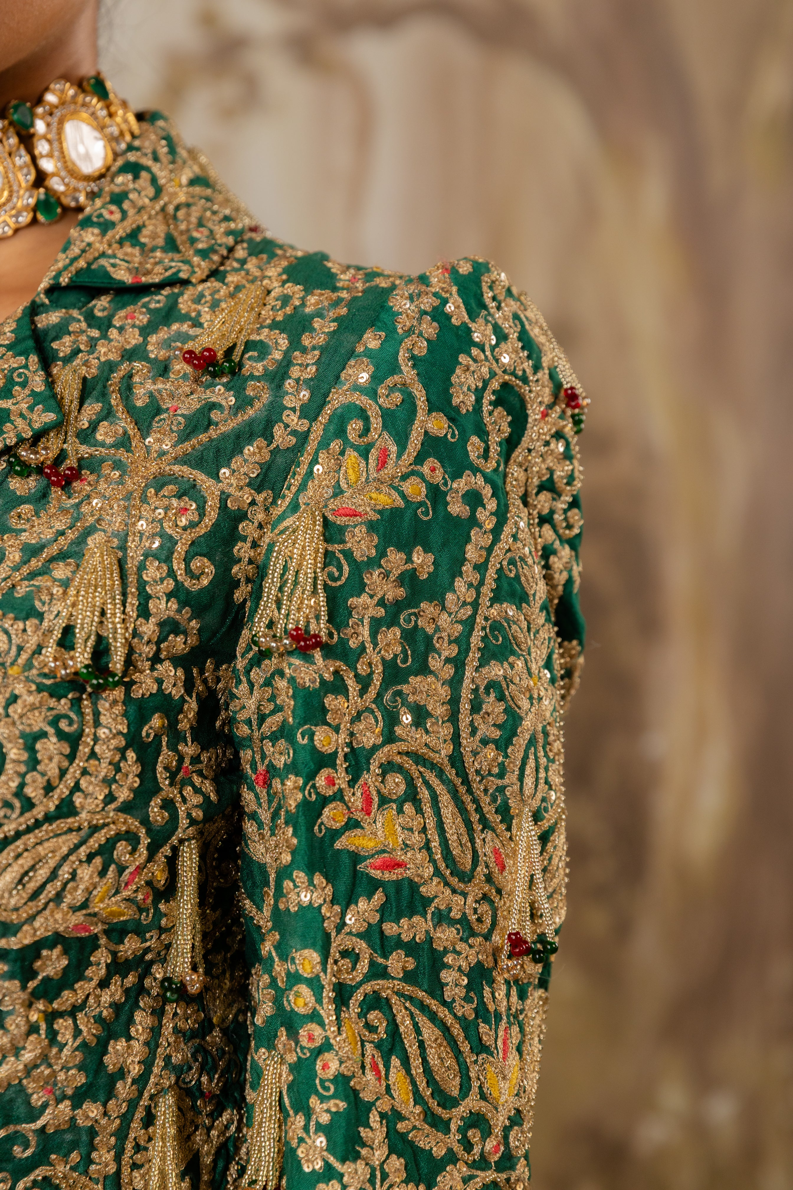 EMERALD GREEN TASSELED CROP JACKET SET