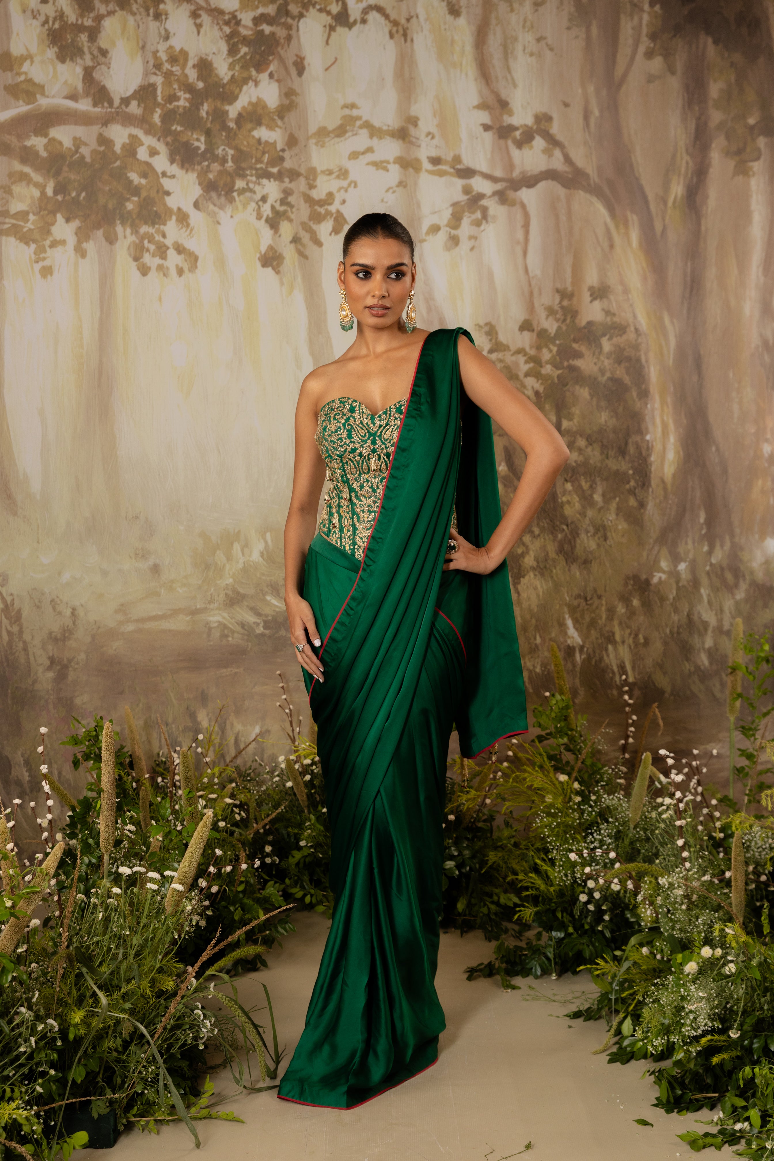 EMERALD GREEN HEAVY CORSET DRAPED SAREE SET