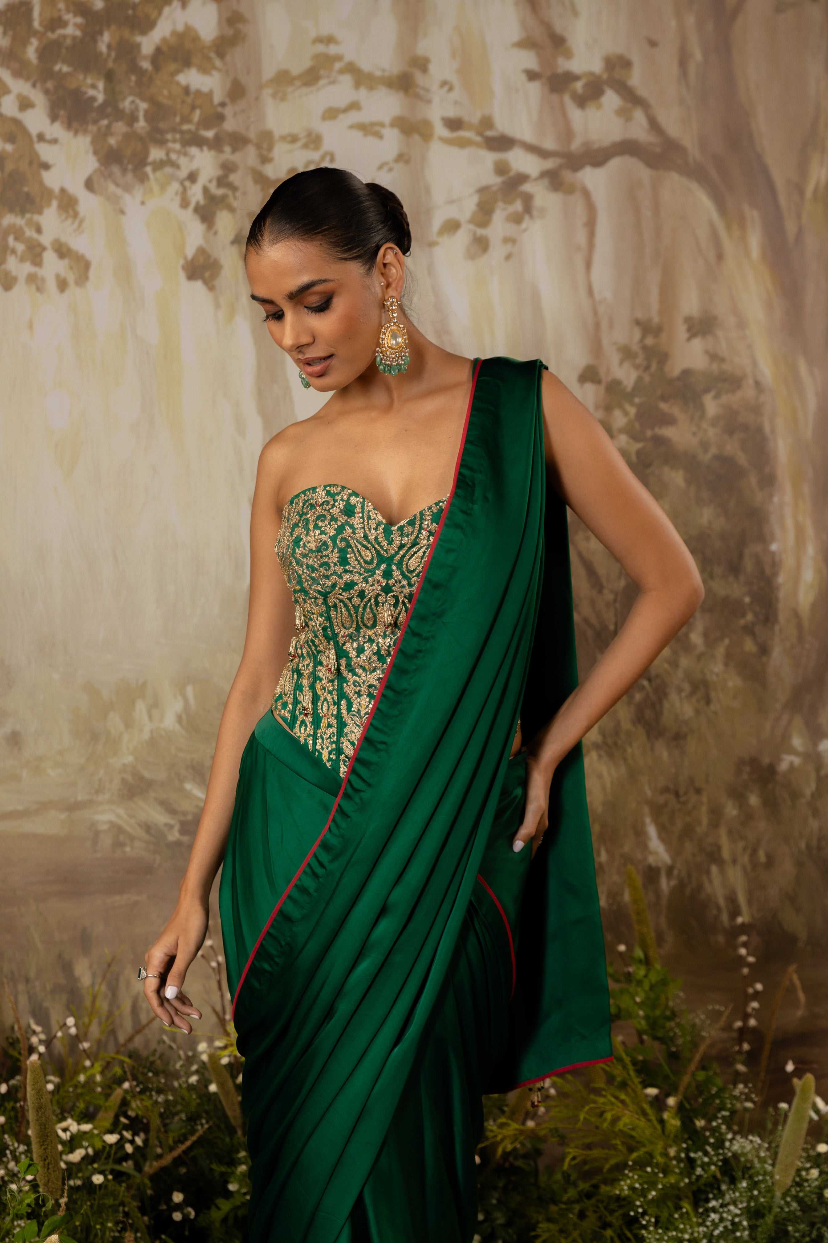 EMERALD GREEN HEAVY CORSET DRAPED SAREE SET