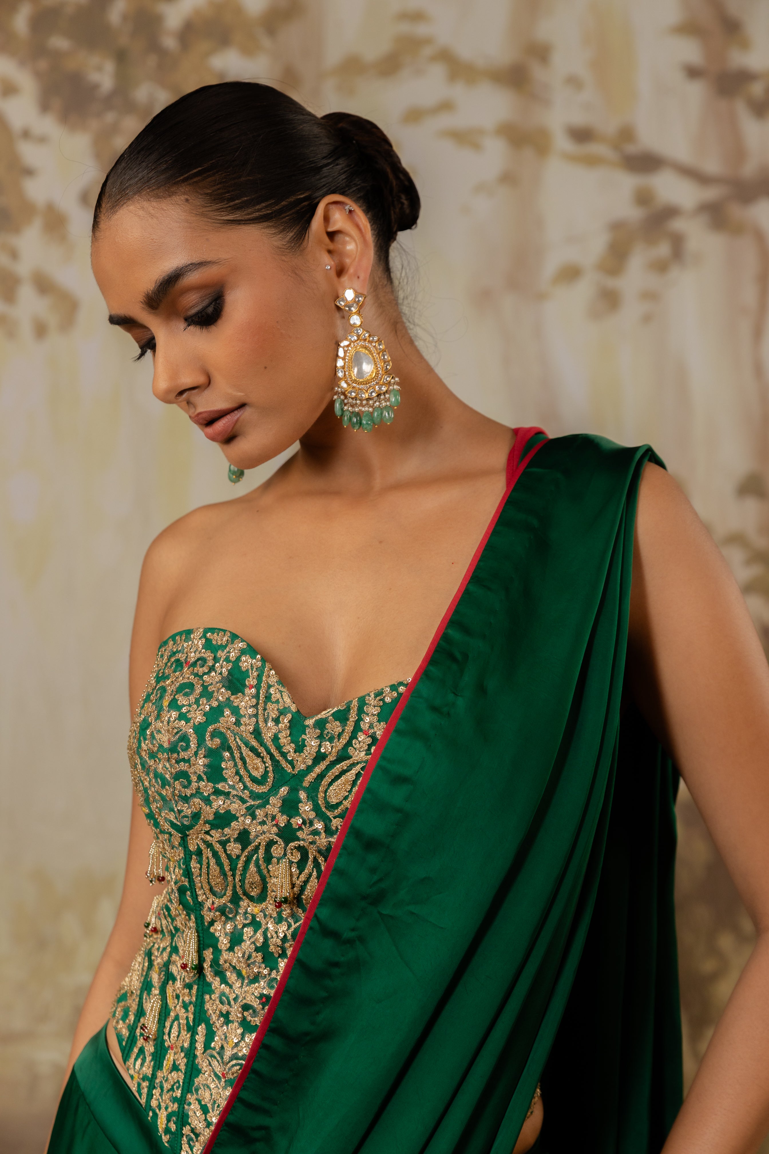 EMERALD GREEN HEAVY CORSET DRAPED SAREE SET