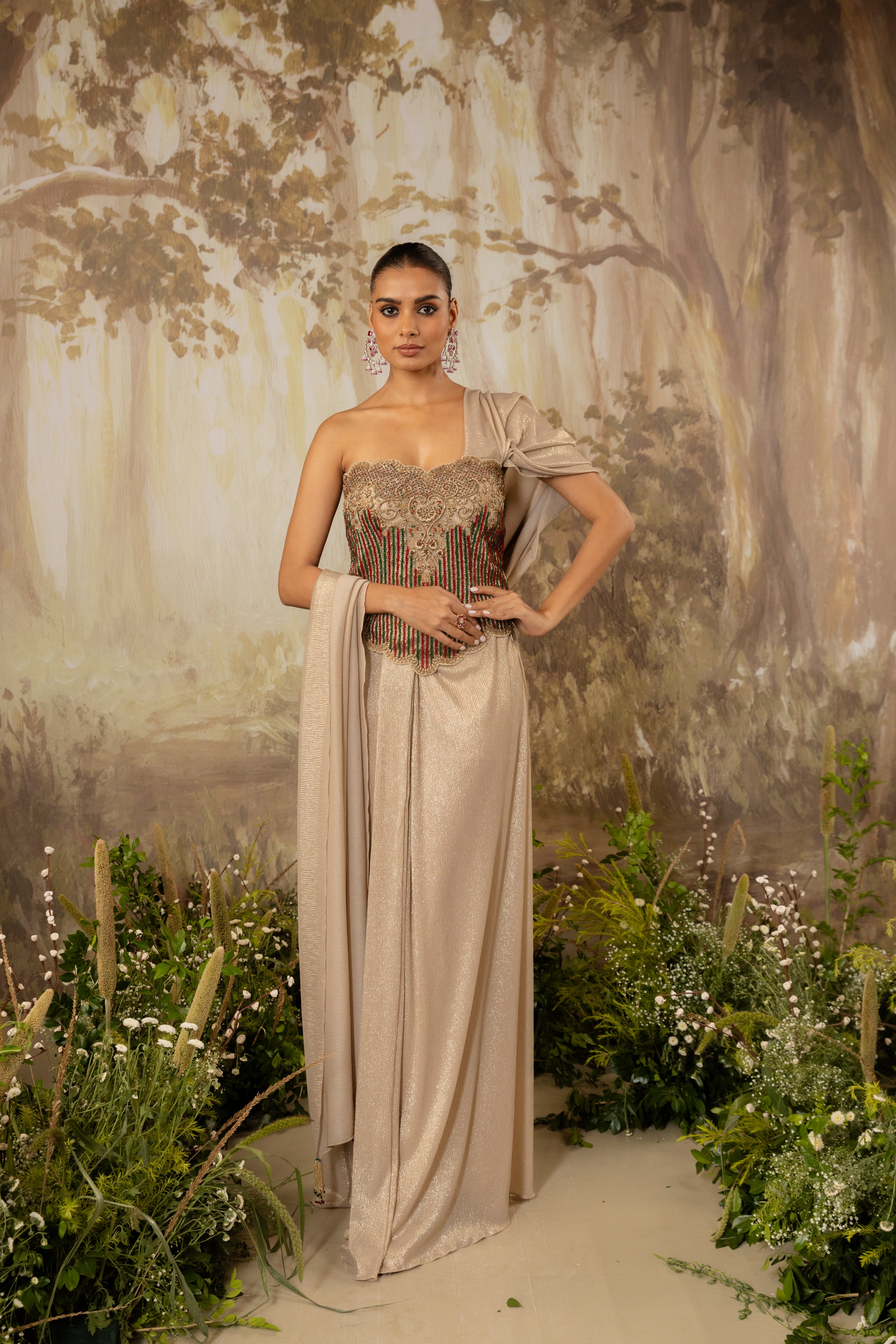 GOLD CHAMPAGNE HEAVY CORSET DRAPED SAREE SET