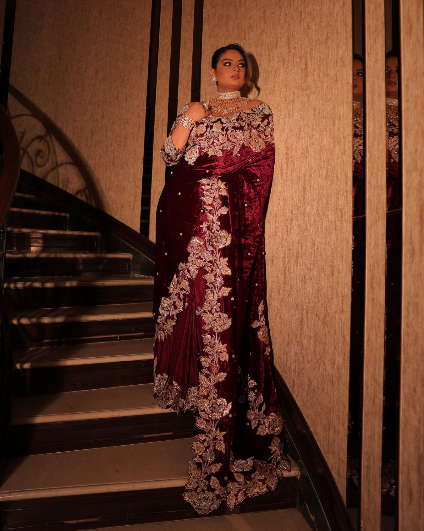 Rini in Burgundy wine velvet saree