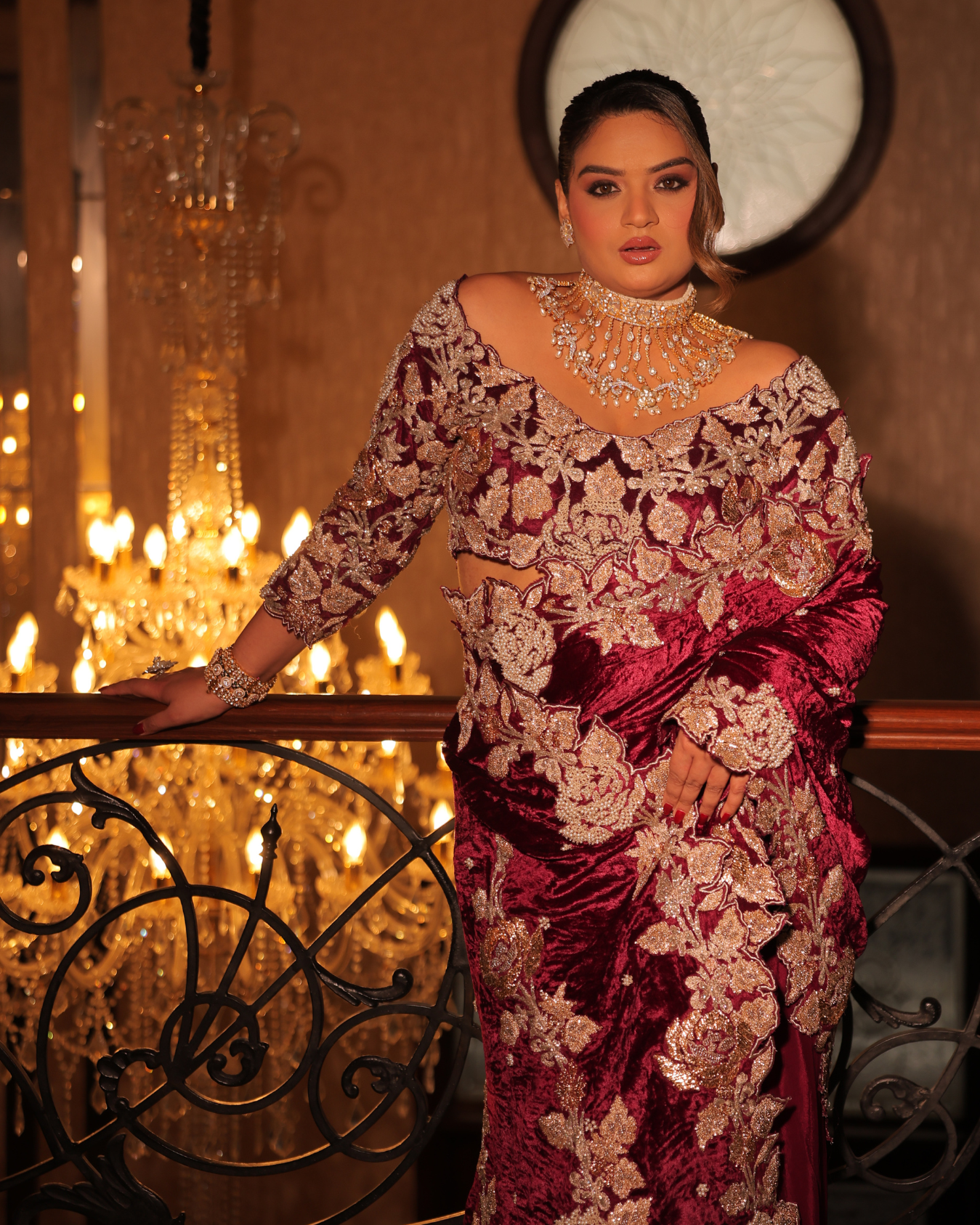 Rini in Burgundy wine velvet saree