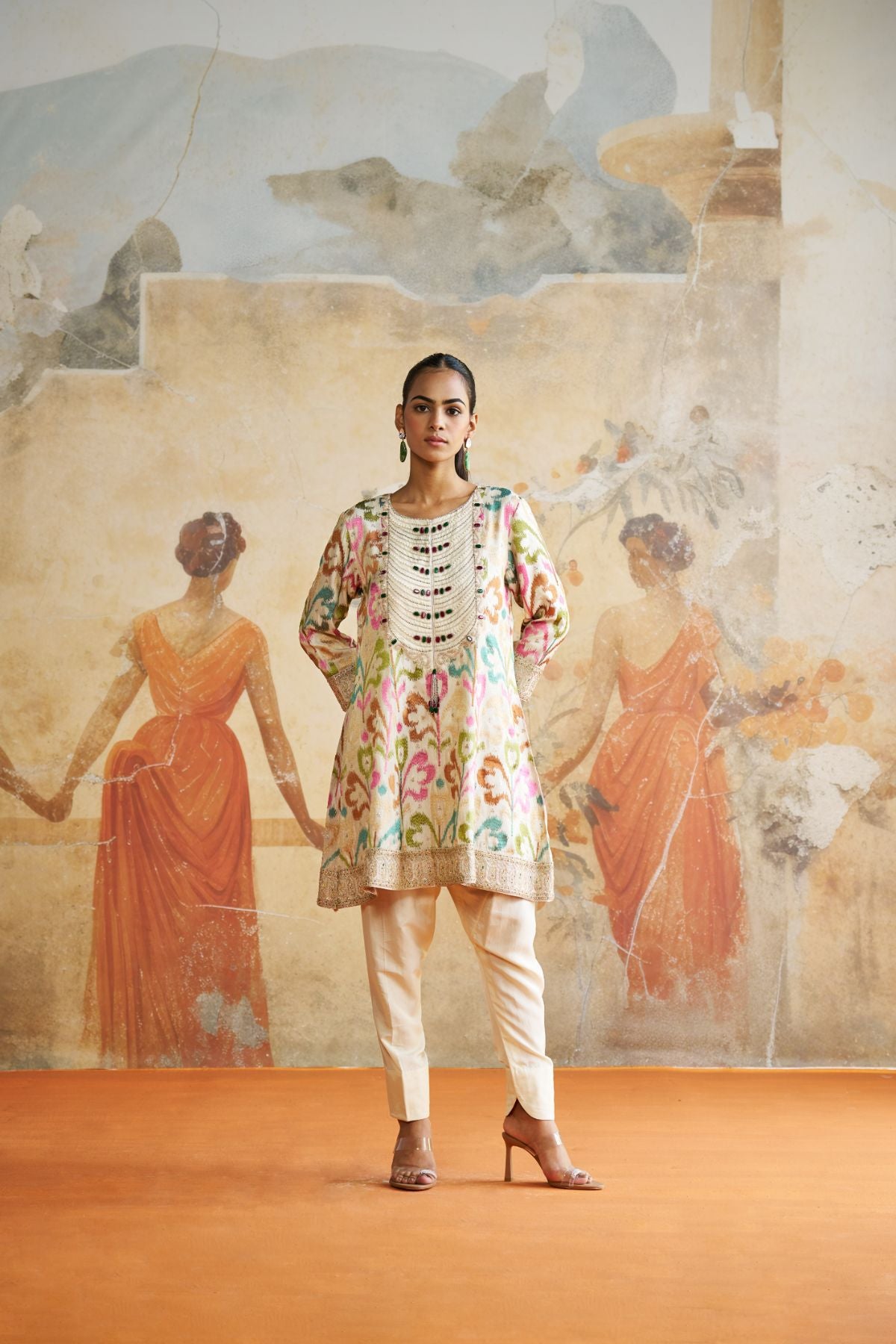 Ikkat peplum short kurta set.
