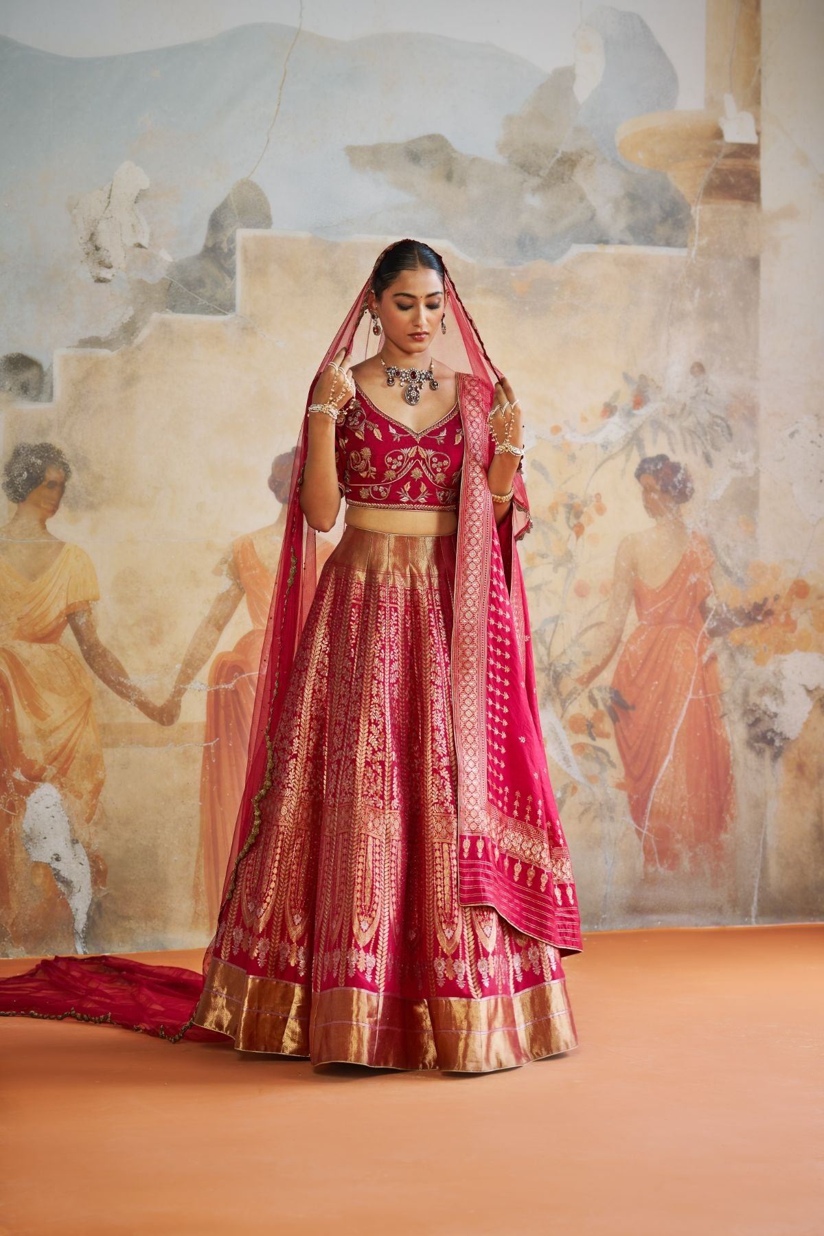 Red banarasi lehenga set
