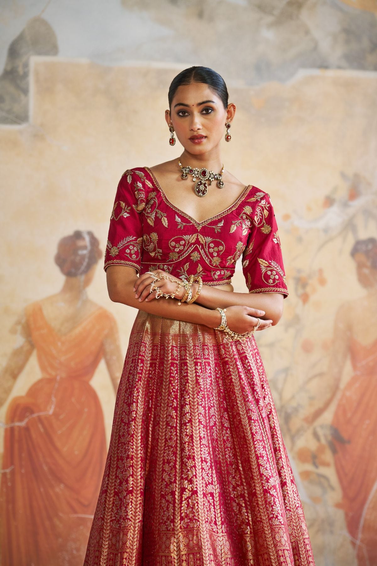 Red banarasi lehenga set