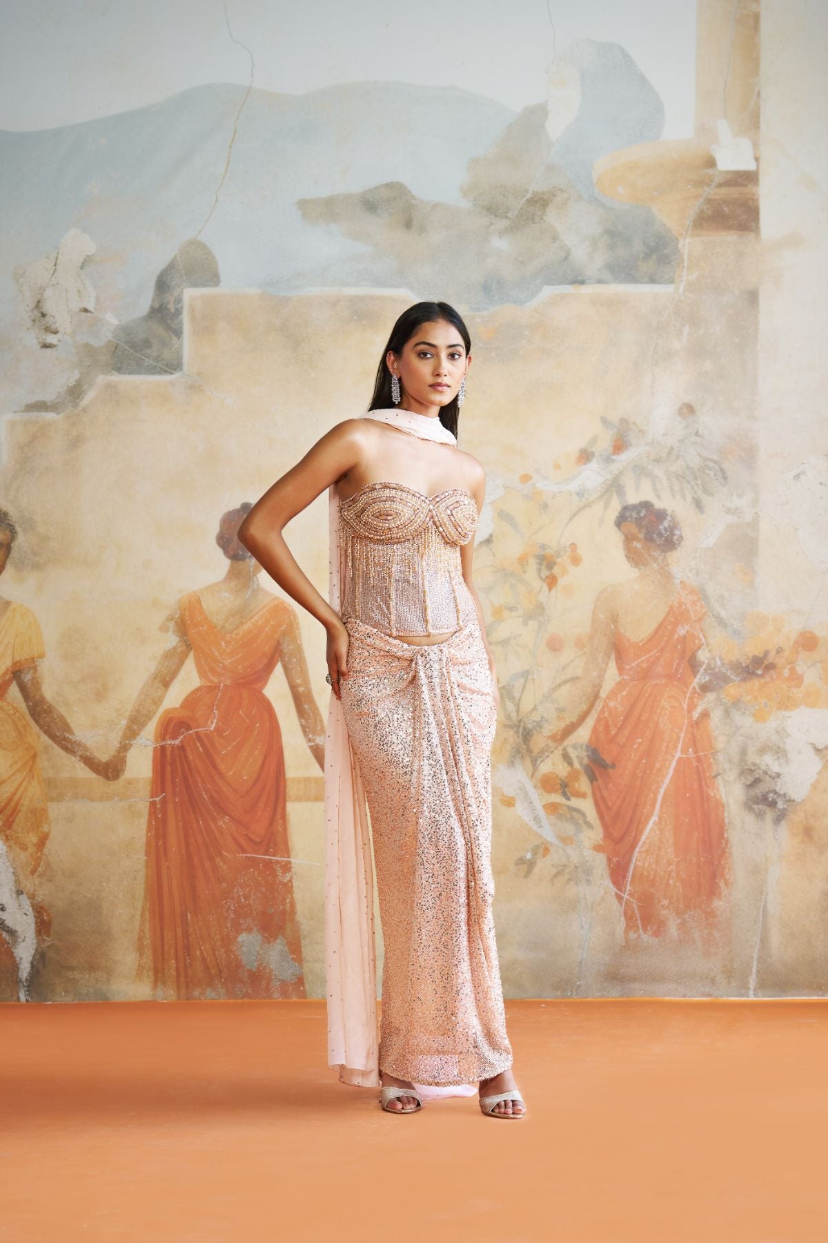 Jeweled peach corset set