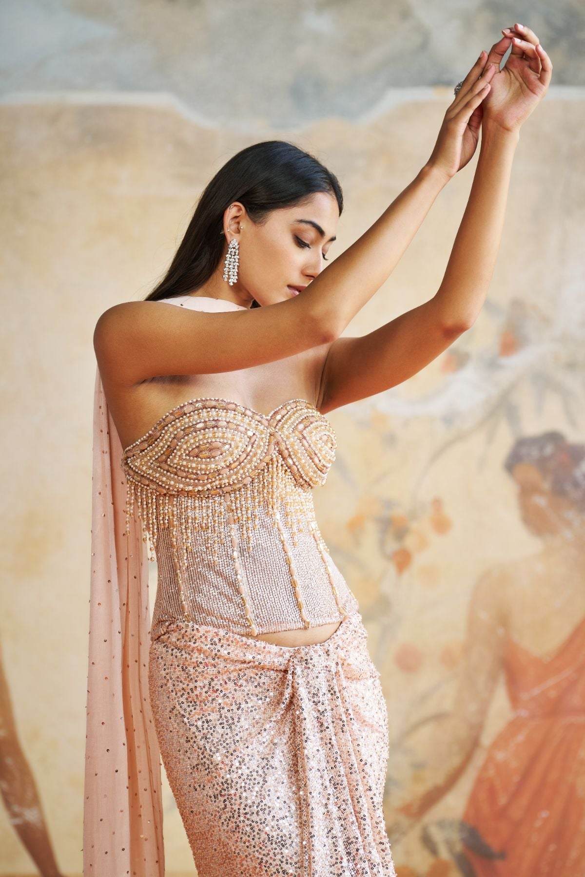 Jeweled peach corset set