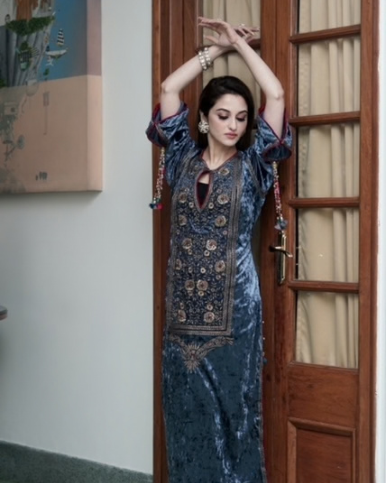 Payal sen in Persian blue embroidered velvet kurta set