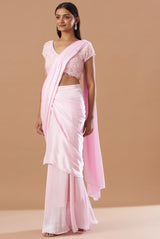 Blush Pink chinnon pre-draped saree with tassel work blouse