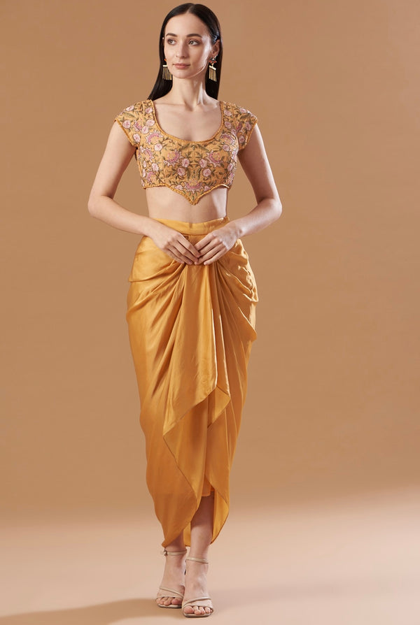 Marigold orange embroidered blouse &draped skirt set