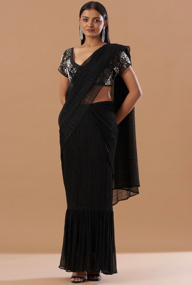 Pre-Draped pleated  saree with delicate beaded blouse