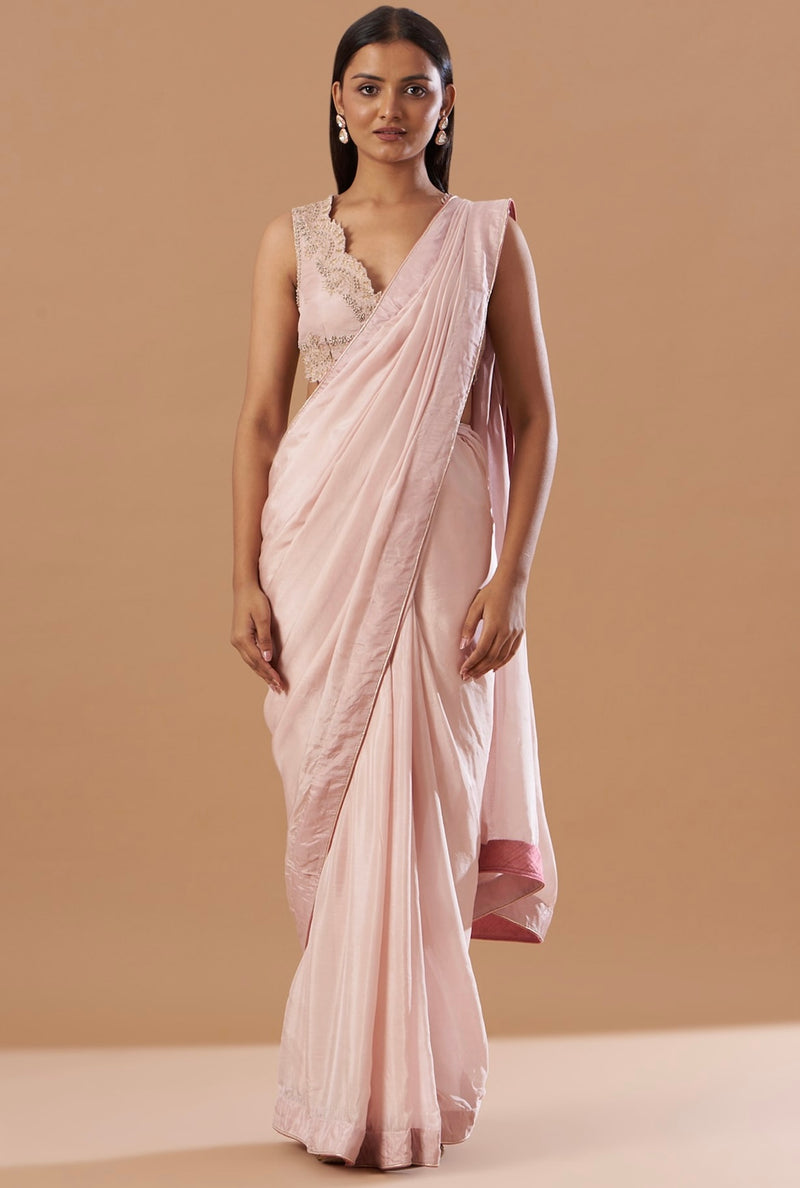 Blush pink Pure silk saree with embroidered blouse
