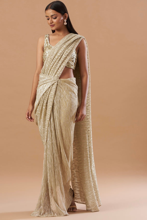 Gold pleated pre-draped saree with embroidered blouse