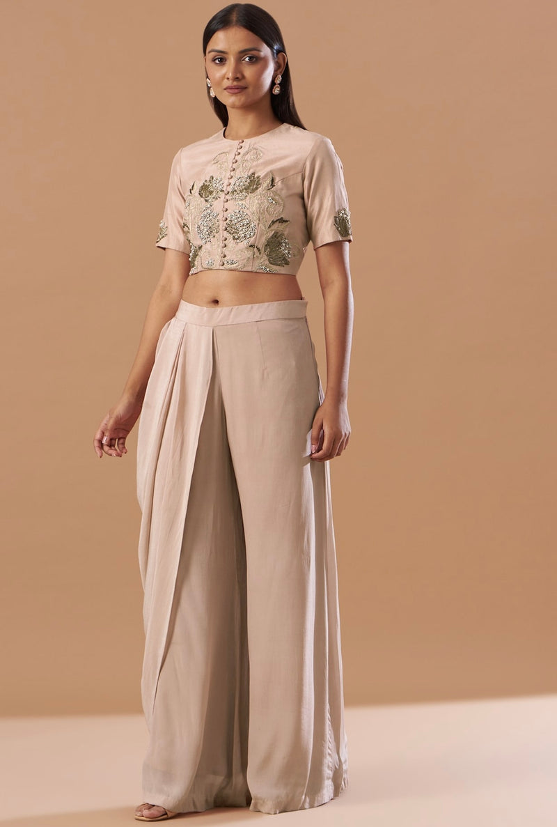 Blush pink  embroidered Crop top with draped pants