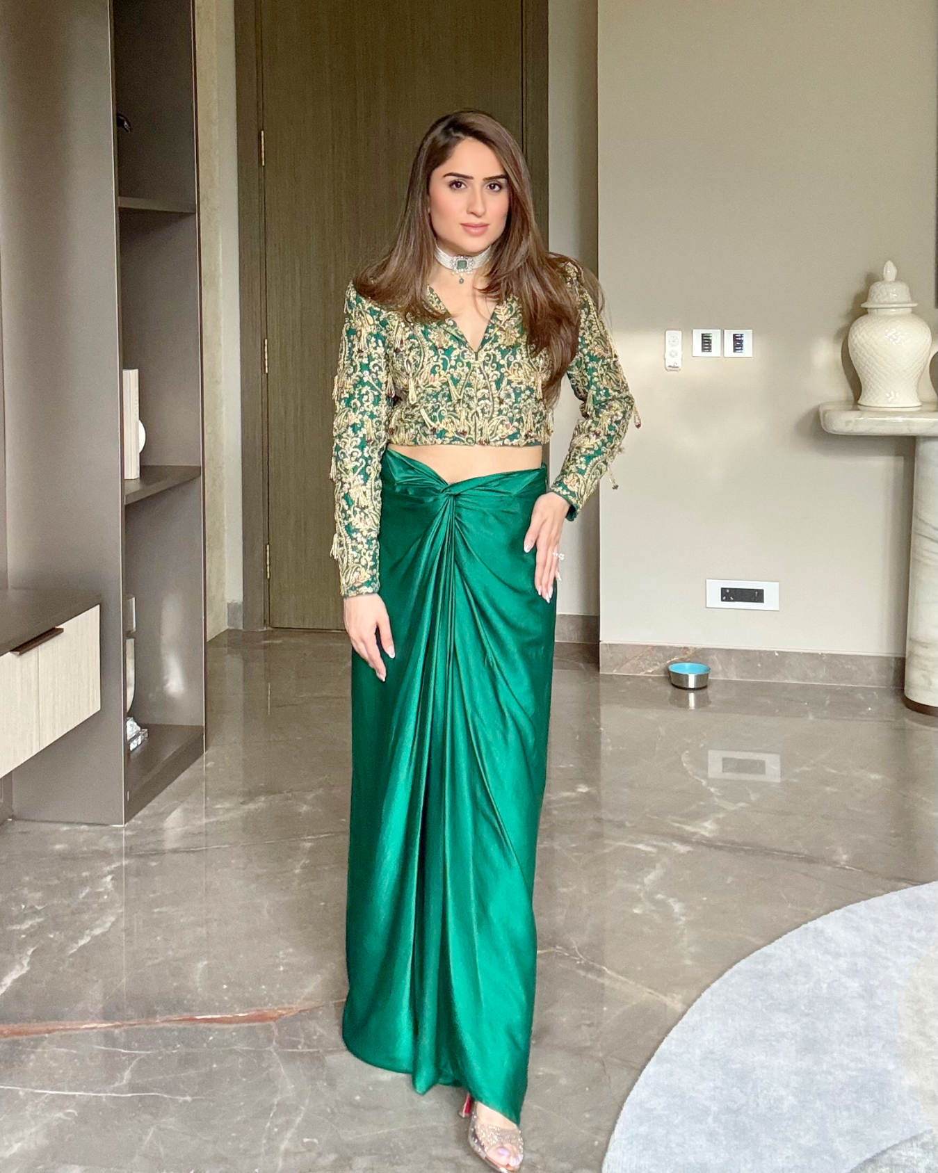 NIKITA VASDEV IN EMERALD GREEN TASSELED CROP JACKET SET