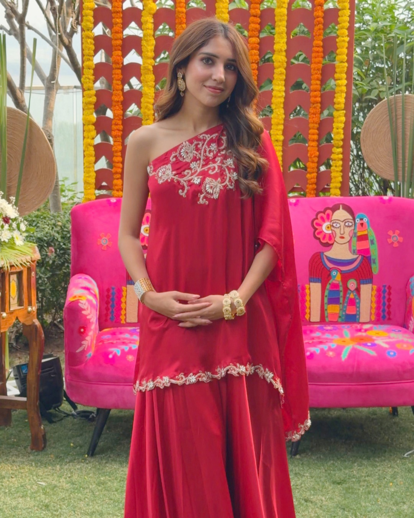 SHIVANI SOPRA in Maroon one shoulder sharara set