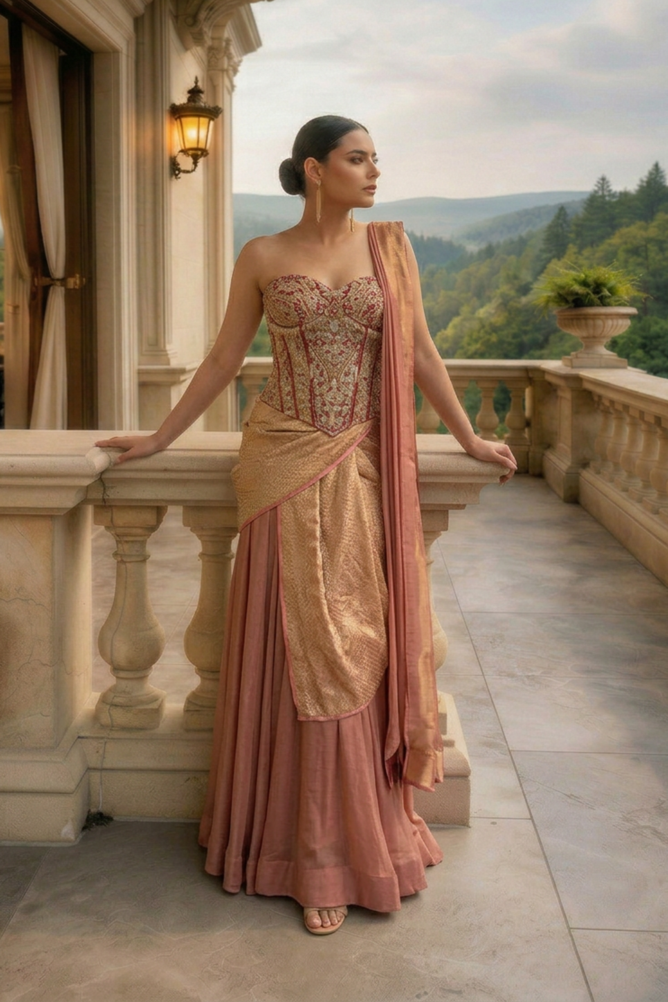 RUST TISSUE CORSET SAREE SET