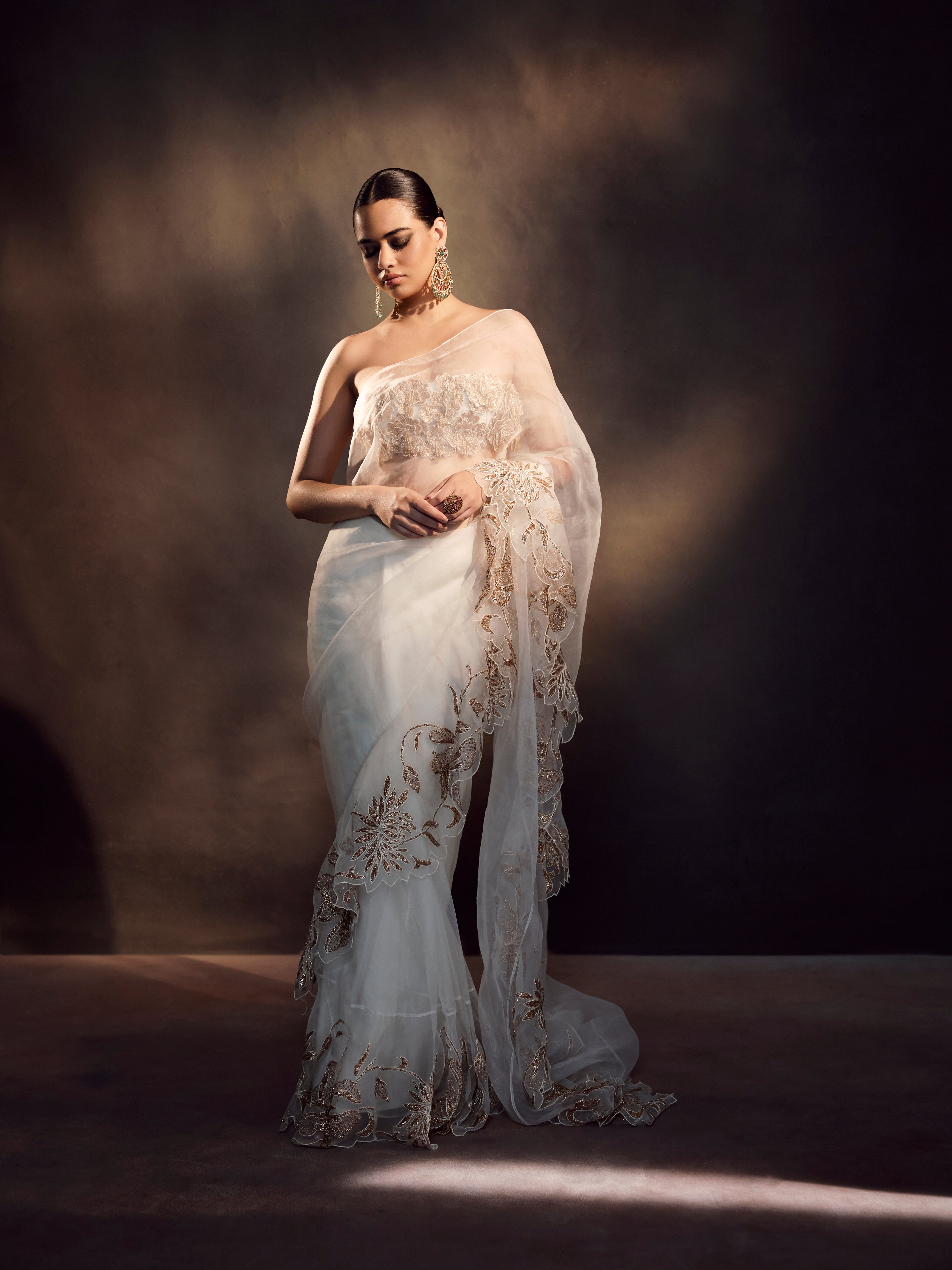Ivory organza ruffle saree