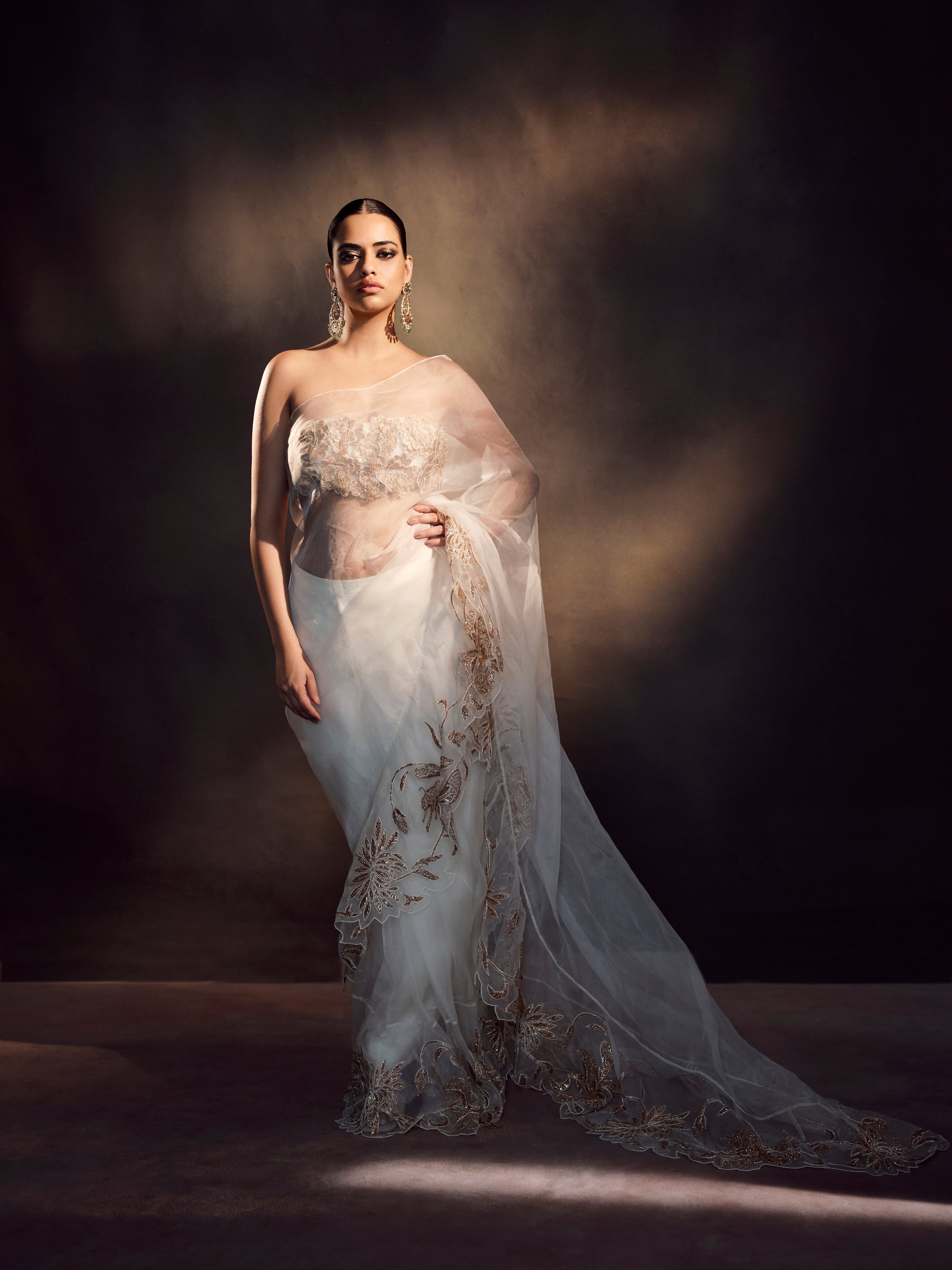 Ivory organza ruffle saree