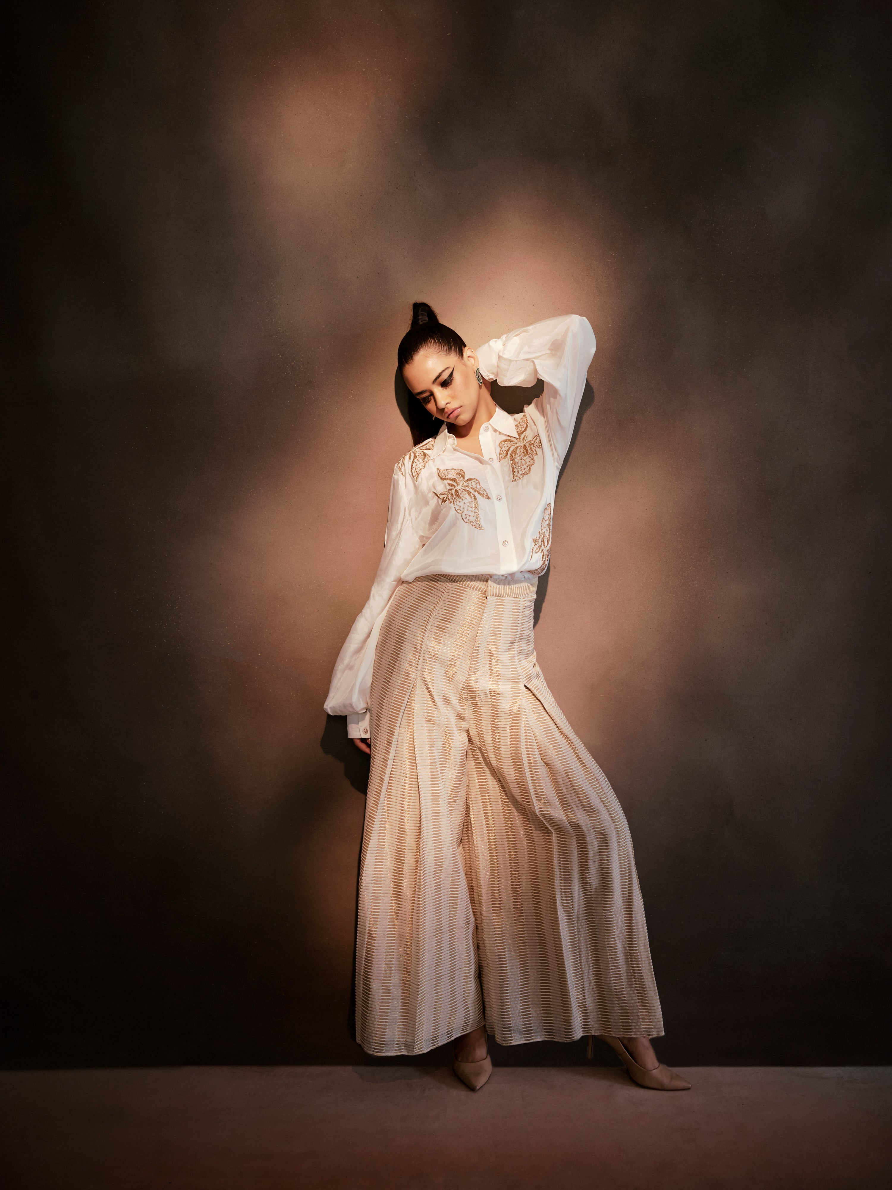 Ivory silk floral shirt coord set