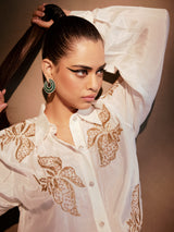 White silk shirt paired with Banarasi weave Pants