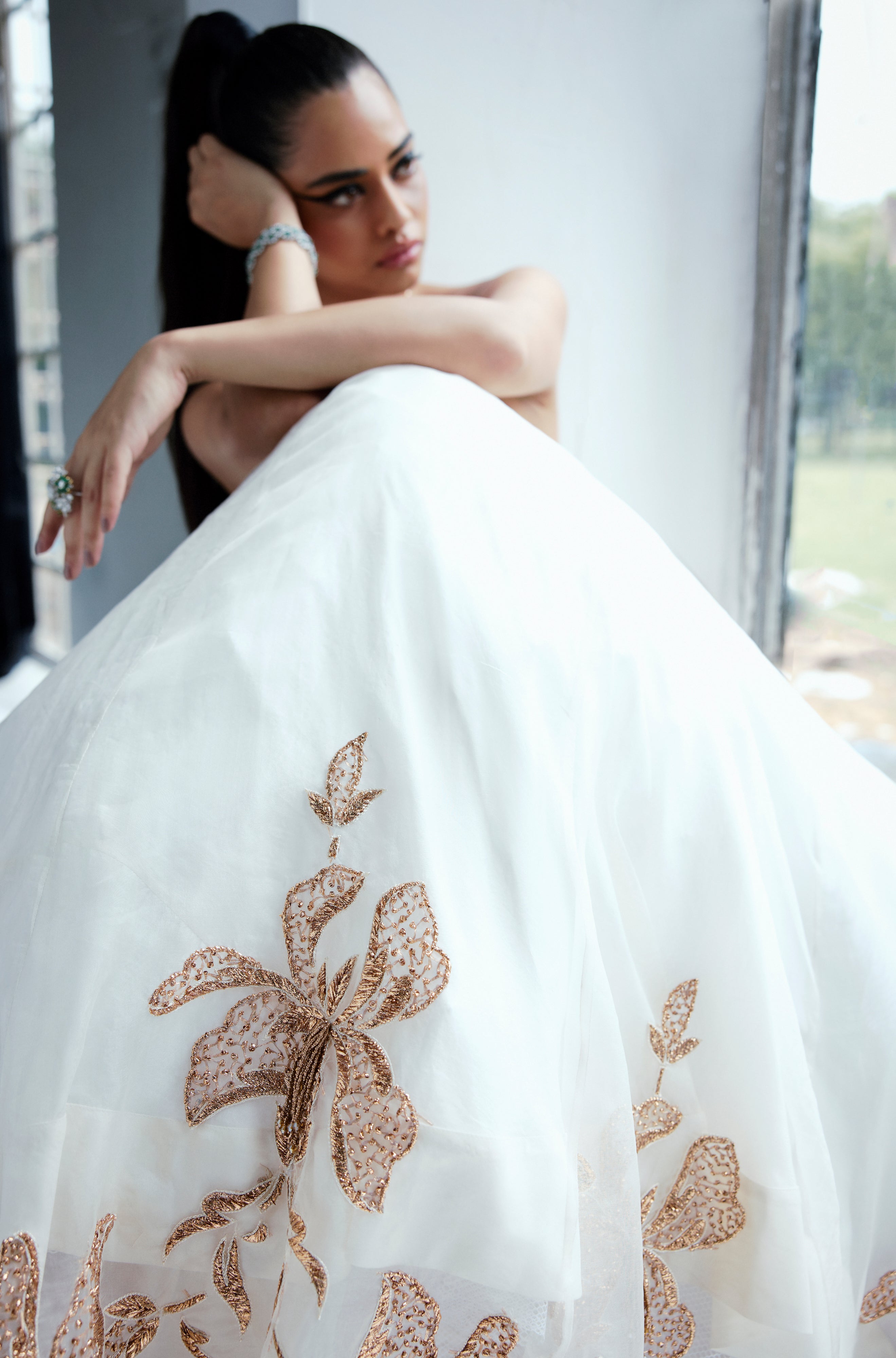KHUSHI JAIN in Shell White Floral Motifs Lehenga