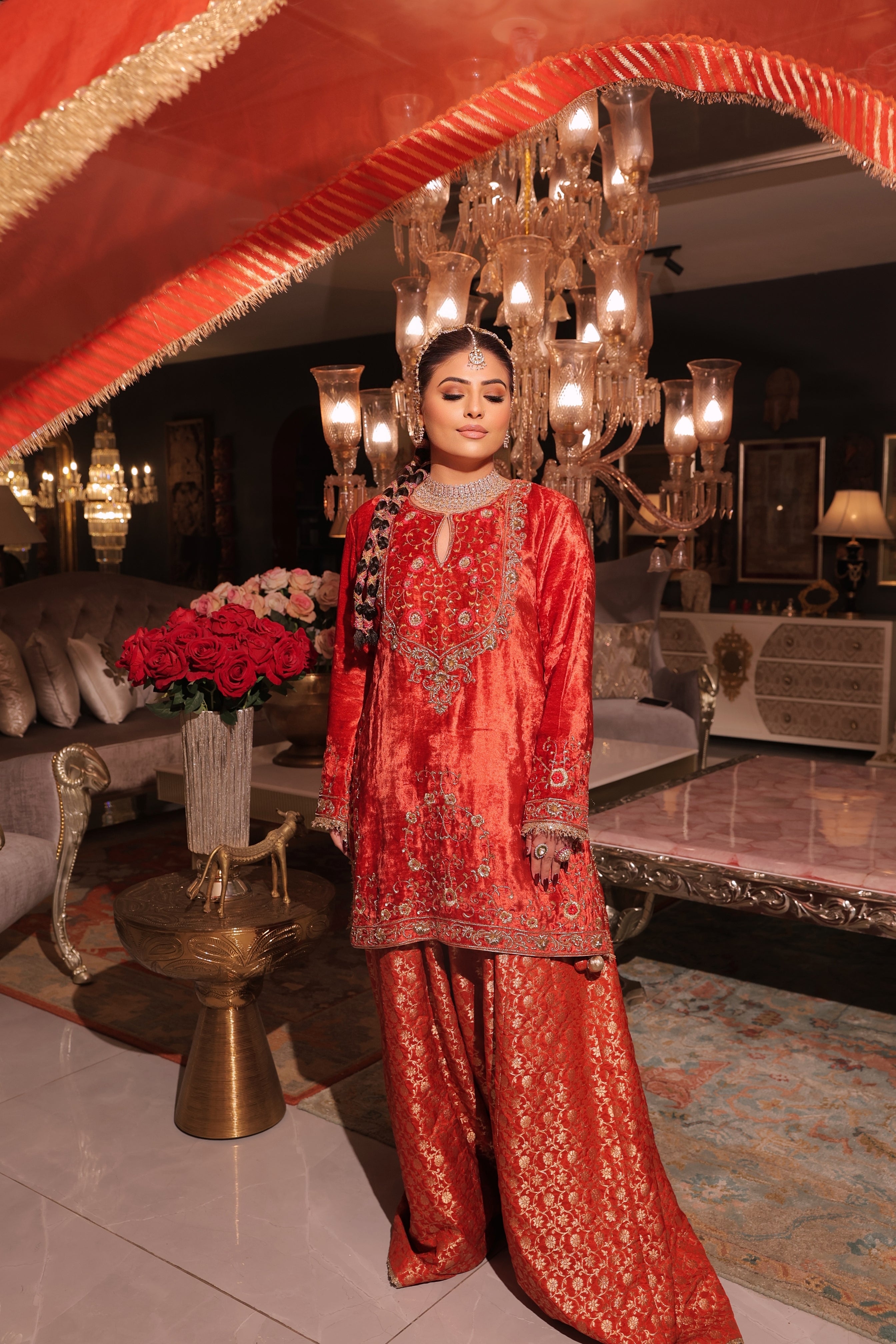 Rust orange velvet suit set.
