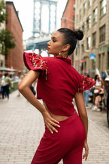 Ruby red embroidered power shoulders crop jacket set