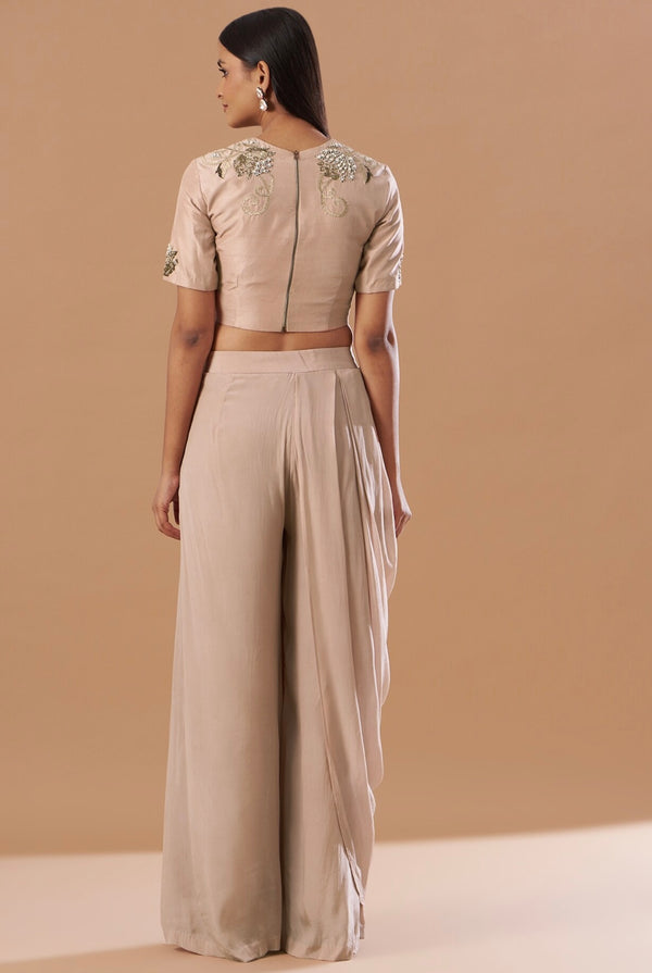 Blush pink  embroidered Crop top with draped pants